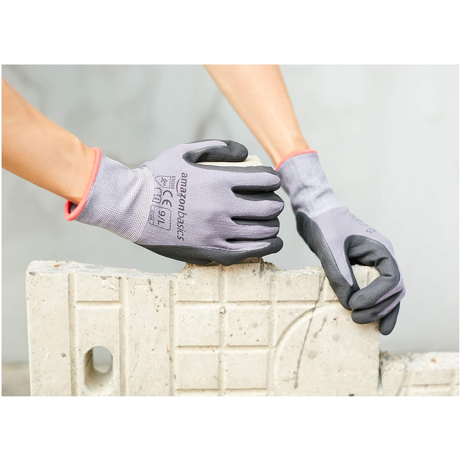 Amazon Basics Micro-Foam Nitrile Coated Safety Work Gloves, Touch Screen, Nylon Liner Fiber, Grey, Size 9/L, 12-Pair