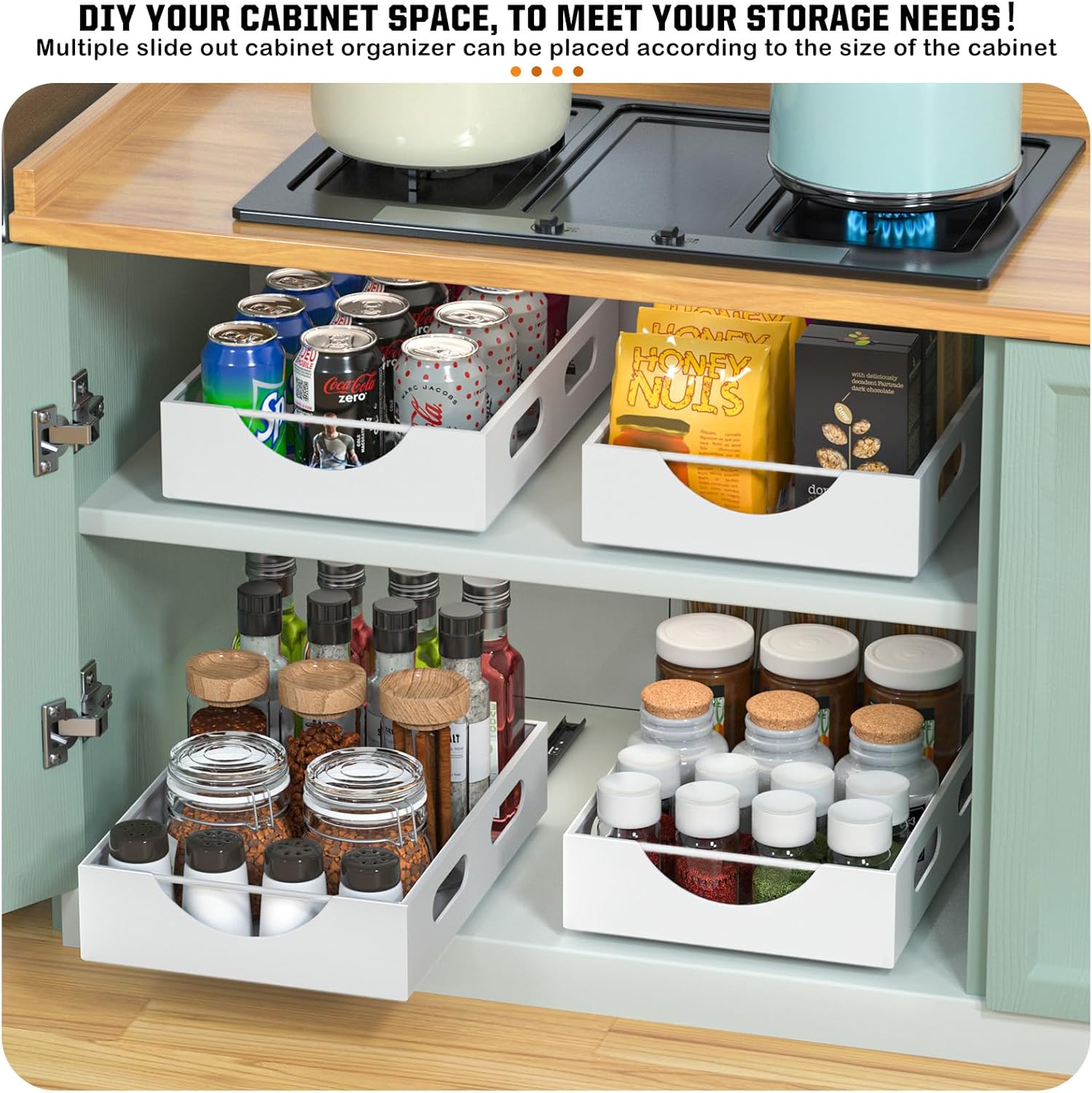 Pull Out Cabinet Organizer Fixed with Adhesive, Slide Out Drawer Storage Shelves - 10.8" W x 15.15" D Heavy Duty Pull Out Drawers for Kitchen Cabinets, Living Room, Home - White