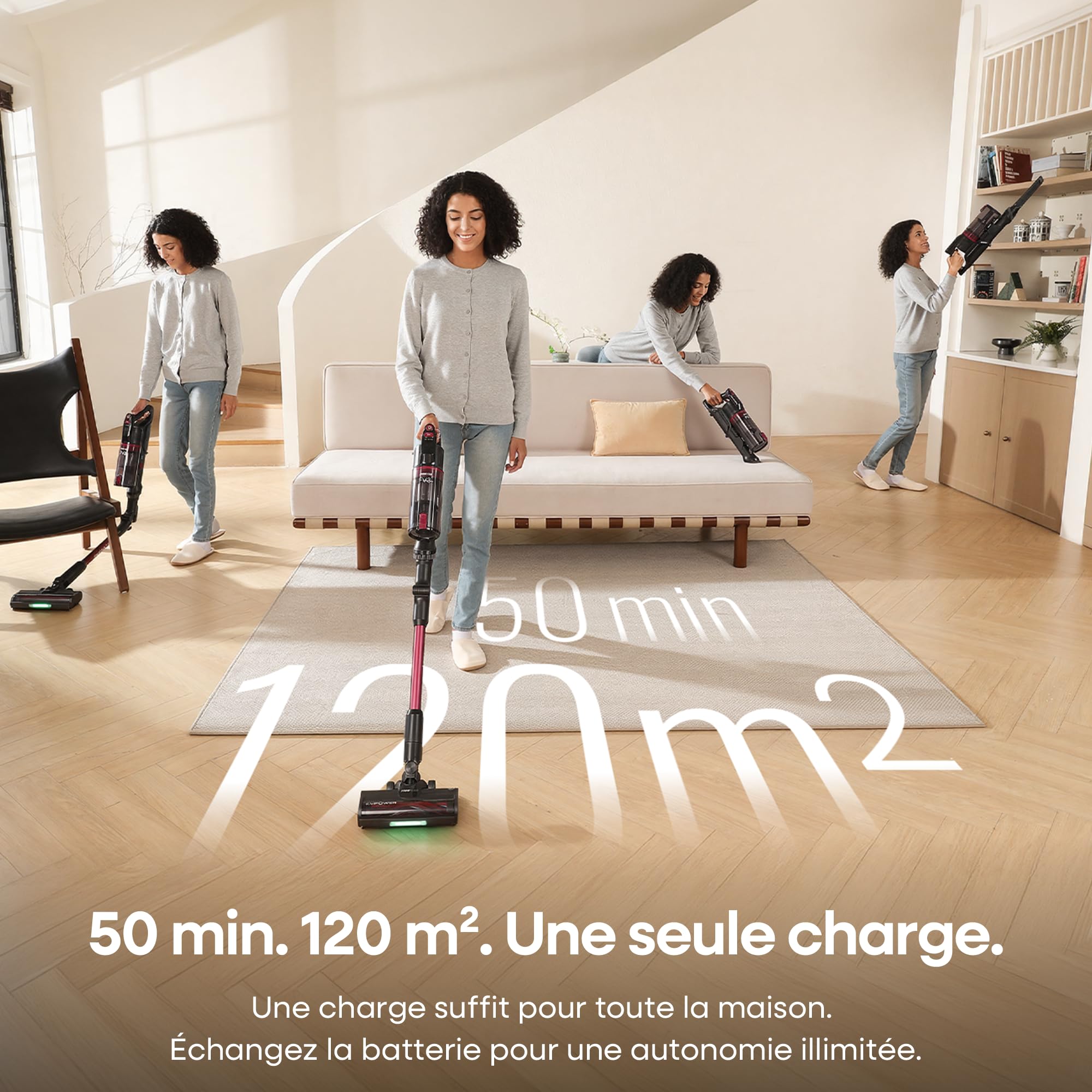 FAMIVAC FV3 Aspirateur Balai sans Fil 60KPa/50Min/120㎡, Tube Pliable, Autoportant à Brosse Anti-Enchevêtrement, Lumière Verte, Aspirateur à Main Puissant pour Sol Dur/Moquette/Poils Animaux/Voiture