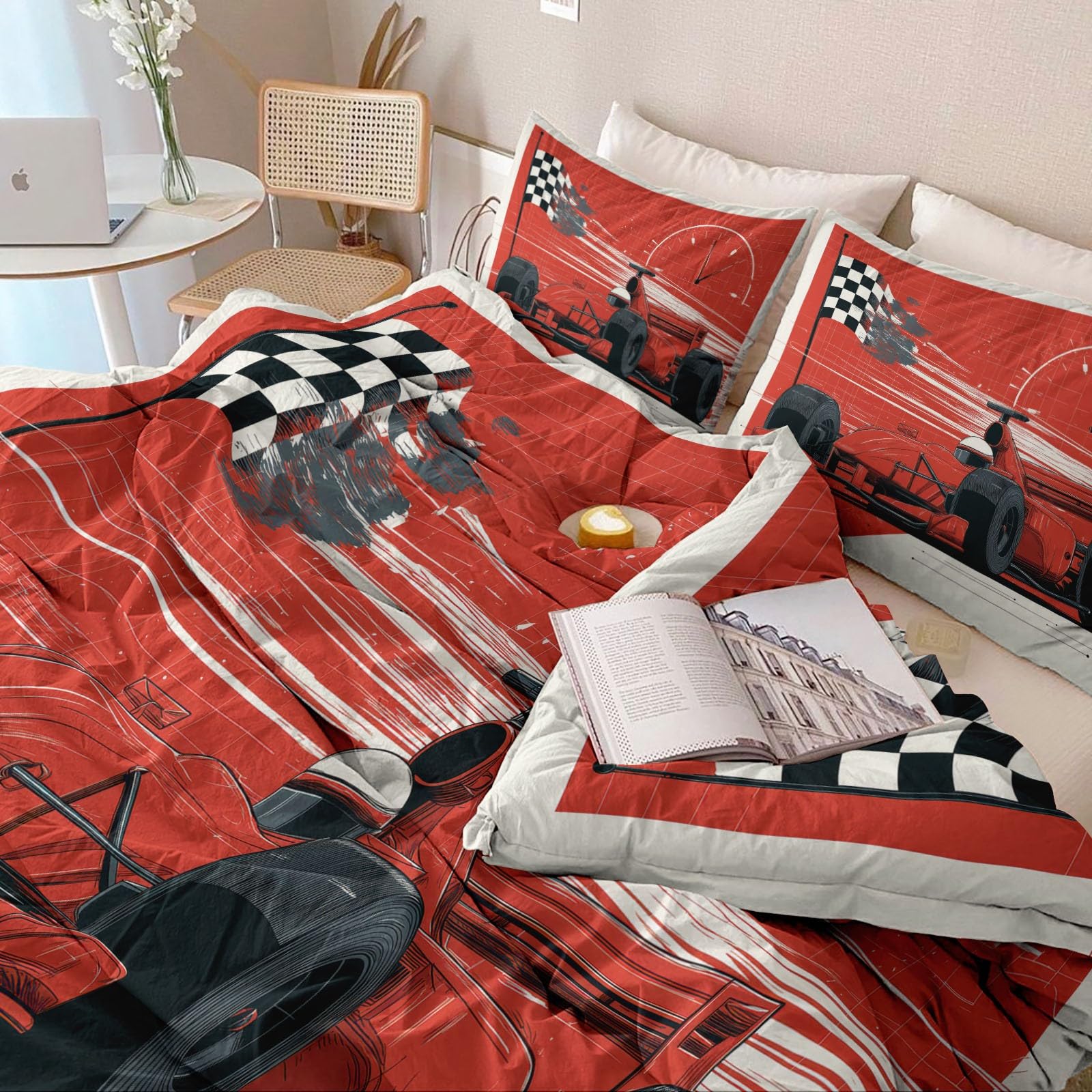 Nowoczesny fajny zestaw pościeli, sportowy wyścigowy prędkościomierz, ultrasoft czerwony, hipoalergiczny zestaw pościeli z mikrofibry, 230 x 220 cm z zamkiem błyskawicznym dla dzieci i nastolatków