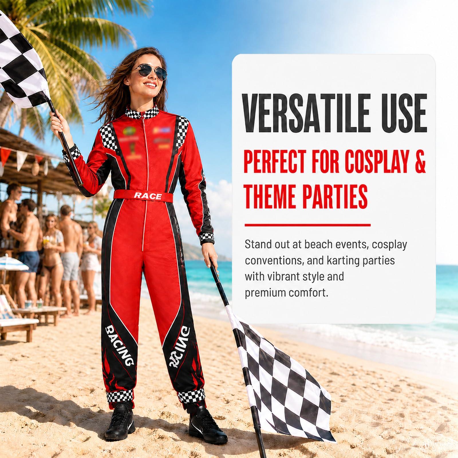 Rennfahrer Kostüm Herren Damen Kostüm Für Erwachsene Rennfahrer Overall Accessoires Mit Handschuhen Sonnenbrille Hut Mini-Goldmedaillen Fahnen Racer Cosplay Für Halloween Karneval Party