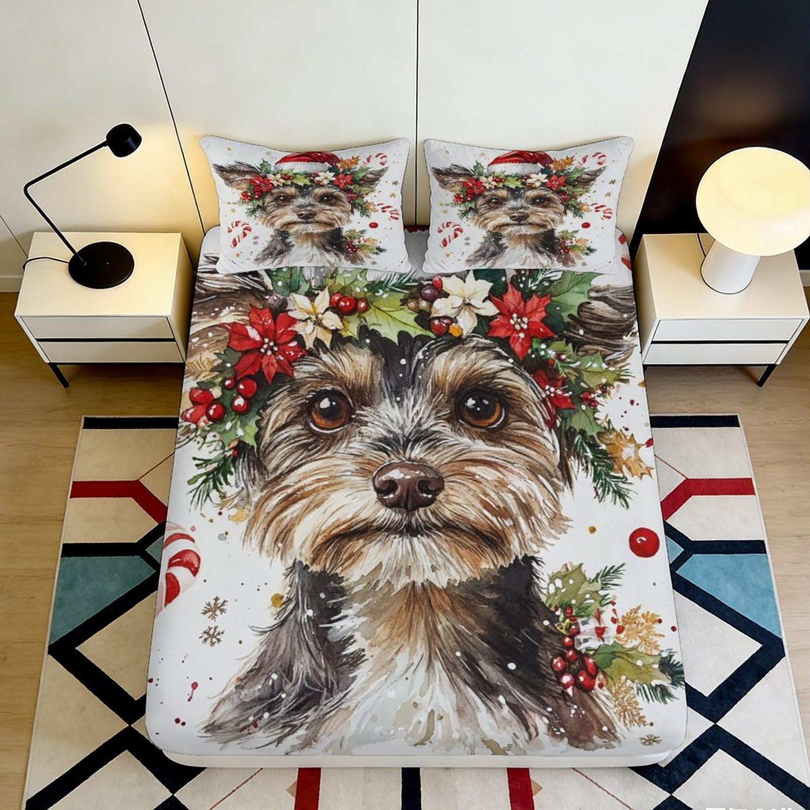 Pnayamiorkfel Style-10 3D Printed Christmas Dog Fitted Sheet Microfiber Soft Breathable Festive Floral Bed Cover For Bedroom Home Décor 90X200x25cm