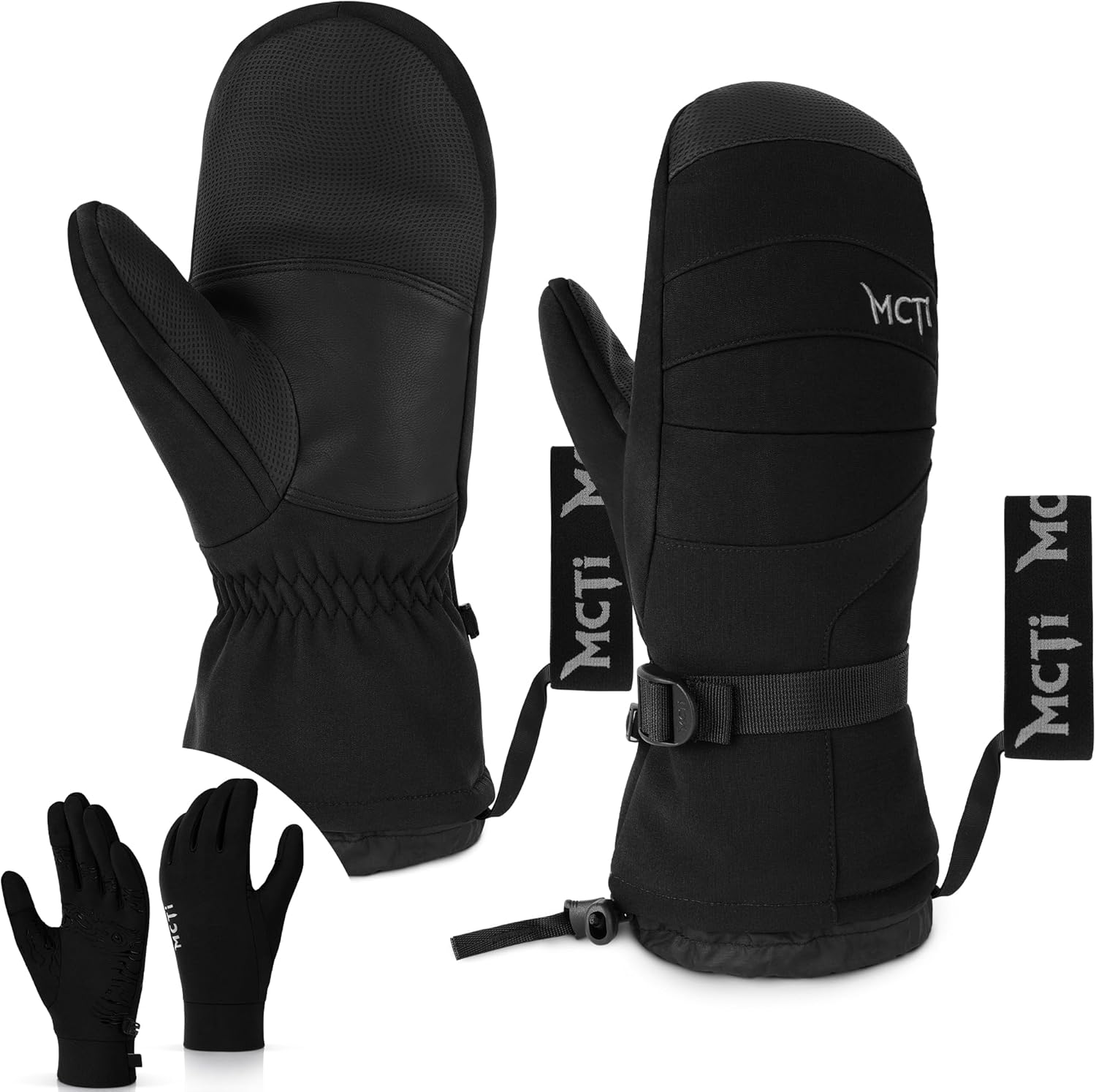 MCTi 2 in 1 Winter Ski Gloves for Men, Waterproof Snowboard Gloves, Thick Ski Mittens & Fleece Glove Liners, 2 Pairs Black Large