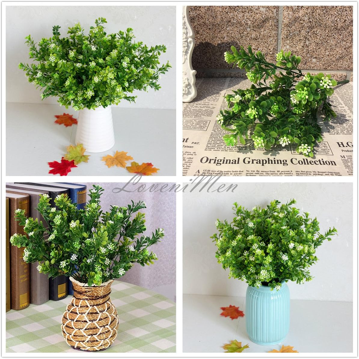 Artificial Shrubs, Plastic Plants Fake Bean Grass Simulation Greenery Bushes Faux Leaves Outdoor Garden Indoor Home Office Yard Verandah Wedding Decor UV Resistant 8 Pcs - Image 2