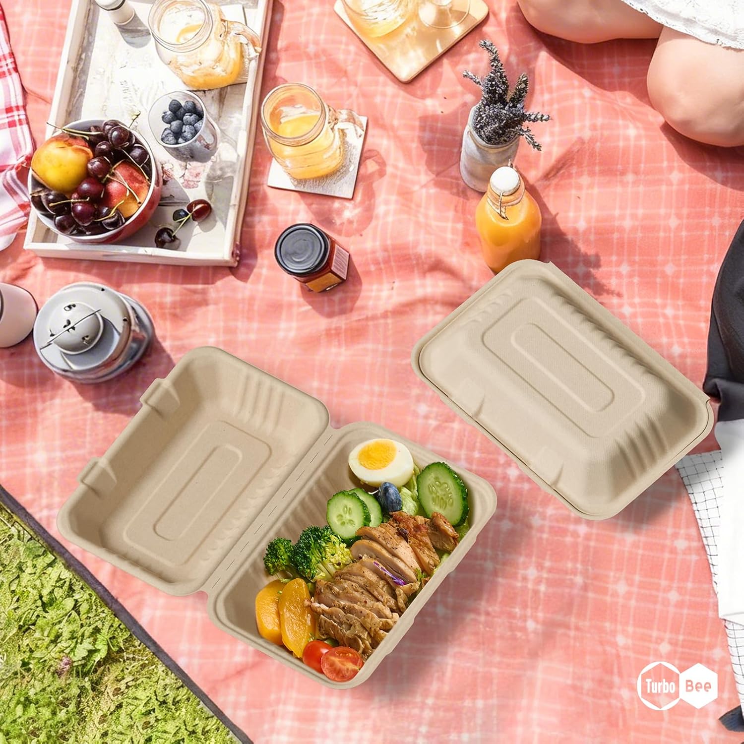 Turbo Bee 75 Pack Natural Compostable Take Out Containers, 9x6 Disposable Clamshell Food Containers with Lids, To Go Boxes for Food Truck, BBQ, Meal Prep & Catering