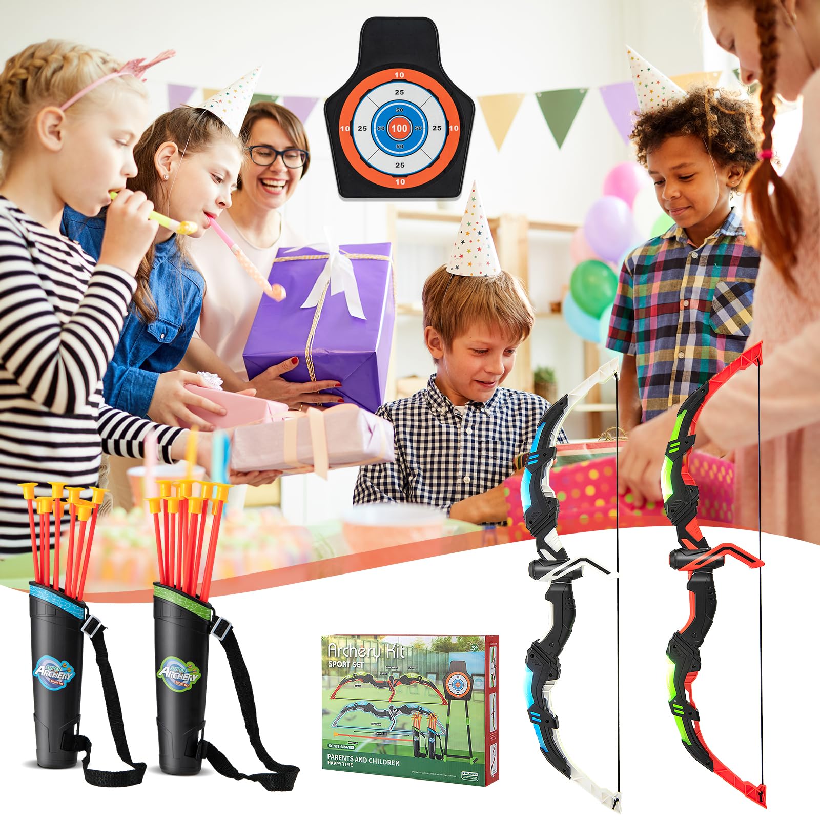 RELAX4LIFE Set di Archi per Bambini con luci a LED, Set Giocattoli con 2 Archi e 20 Frecce a Ventosa per Interni ed Esterni, Regalo per Ragazzi 3-12 anni