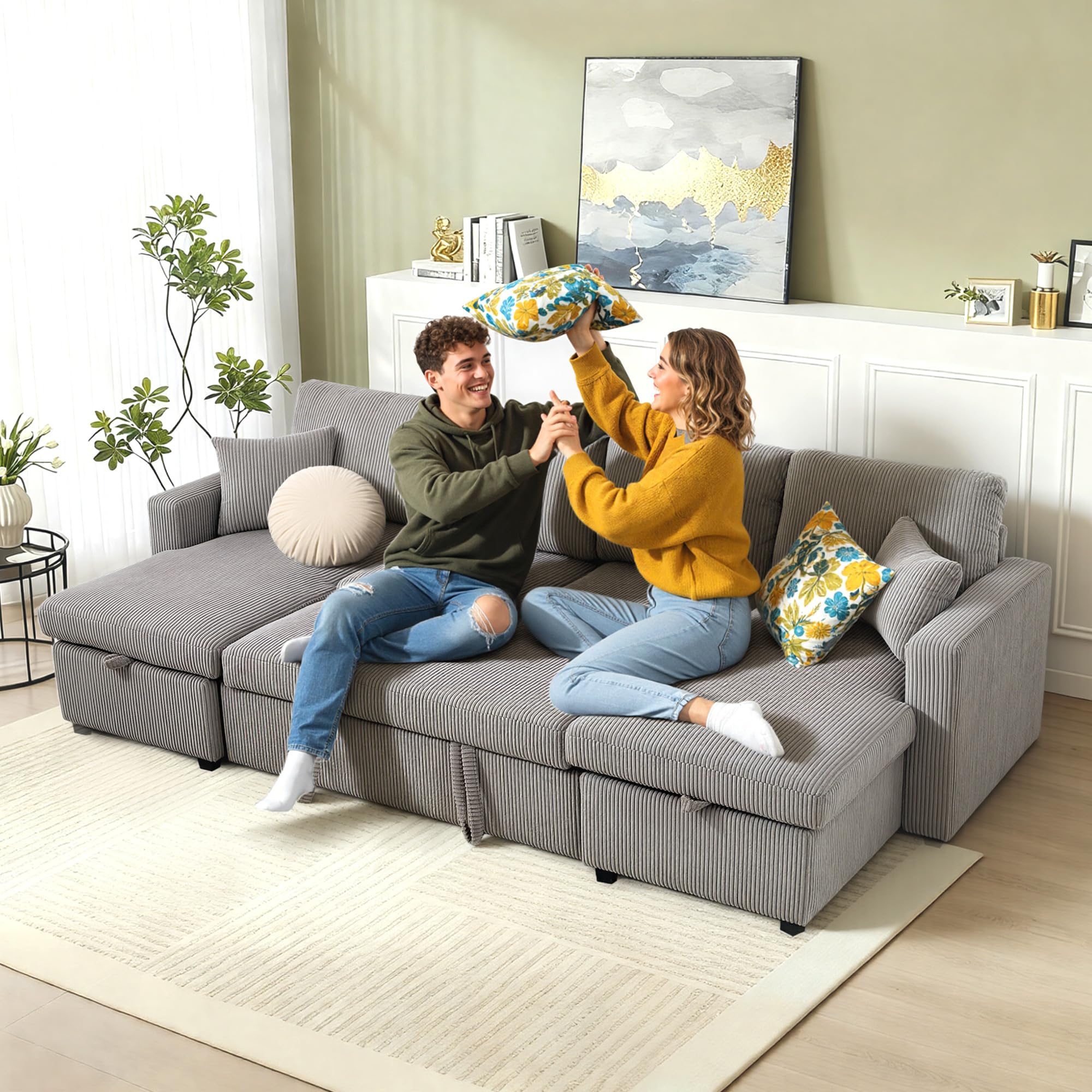 HOMCOM Divano Letto con Letto Estraibile Imbottito, Divano Angolare Convertibile 4 Posti a Forma di U con 2 Chaise Longue, Vani Contenitore e 2 Cuscini, in Velluto a Coste, 282x140x86 cm, Grigio