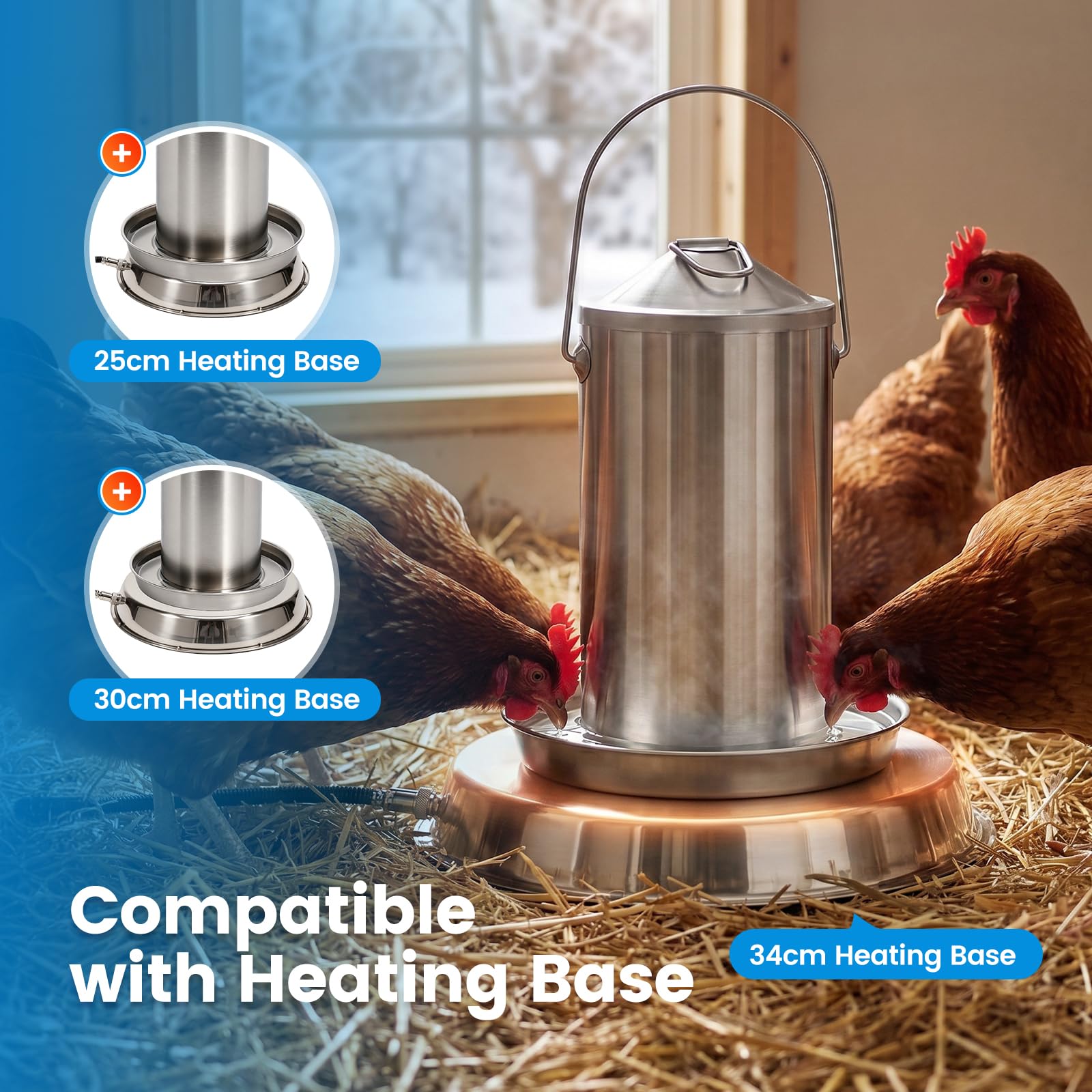 Bebedero para gallinas de acero inoxidable de 4 litros, placa calefactora compatible