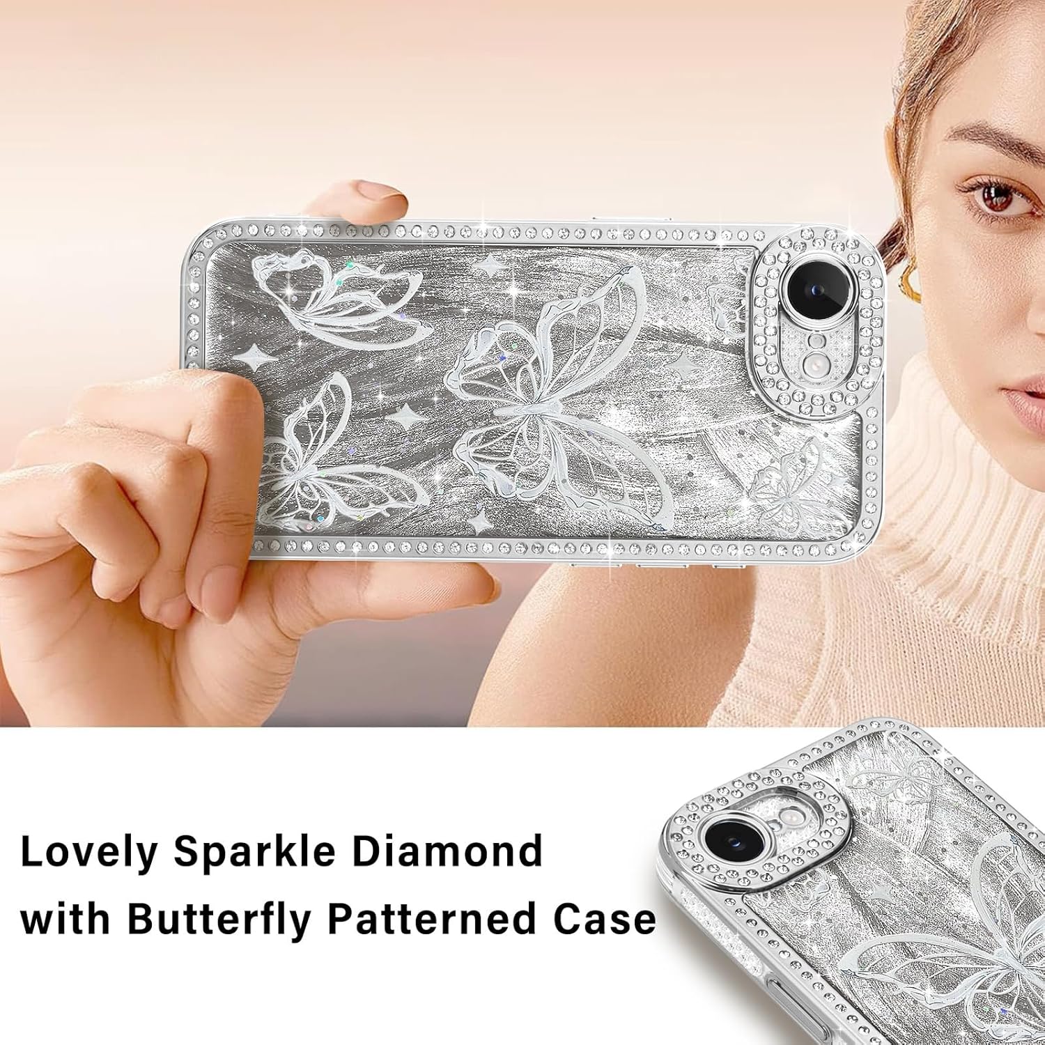for iPhone 16e Bling Butterfly Case, Cute Luxury Sparkle Glitter Diamond Crystal Rhinestone Protective Case Cover for Girls Women Kids Compatible with iPhone 16e 6.1 Inch,Silver - Image 4