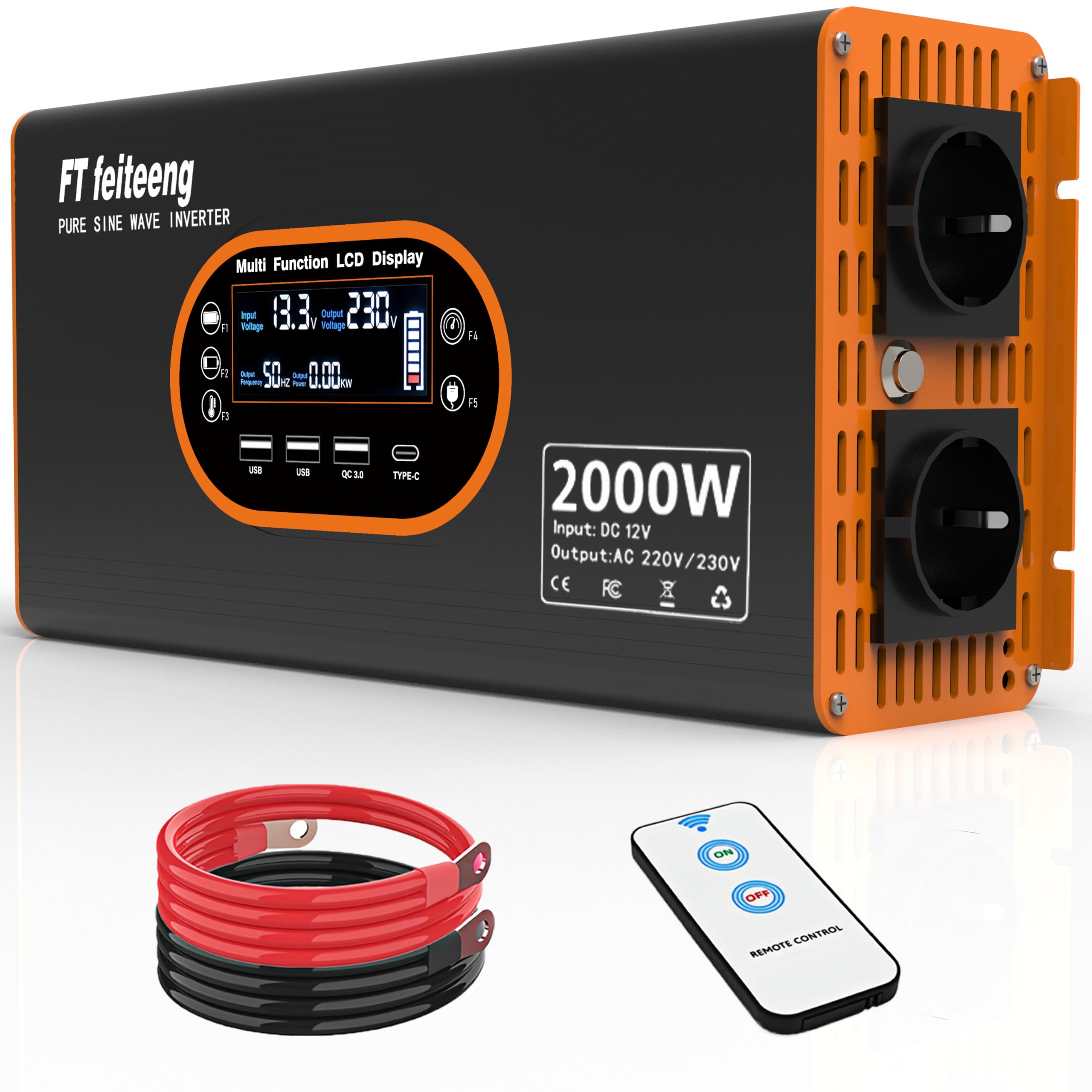 Wechselrichter 2000W 12V auf 230V Reine Sinuswelle - Spannungswandler LCD Display mit 2 EU-Steckdosen und 3 USB Typ-C Port，Steckdose mit Fernbedienung für Wohnmobil Auto Camping