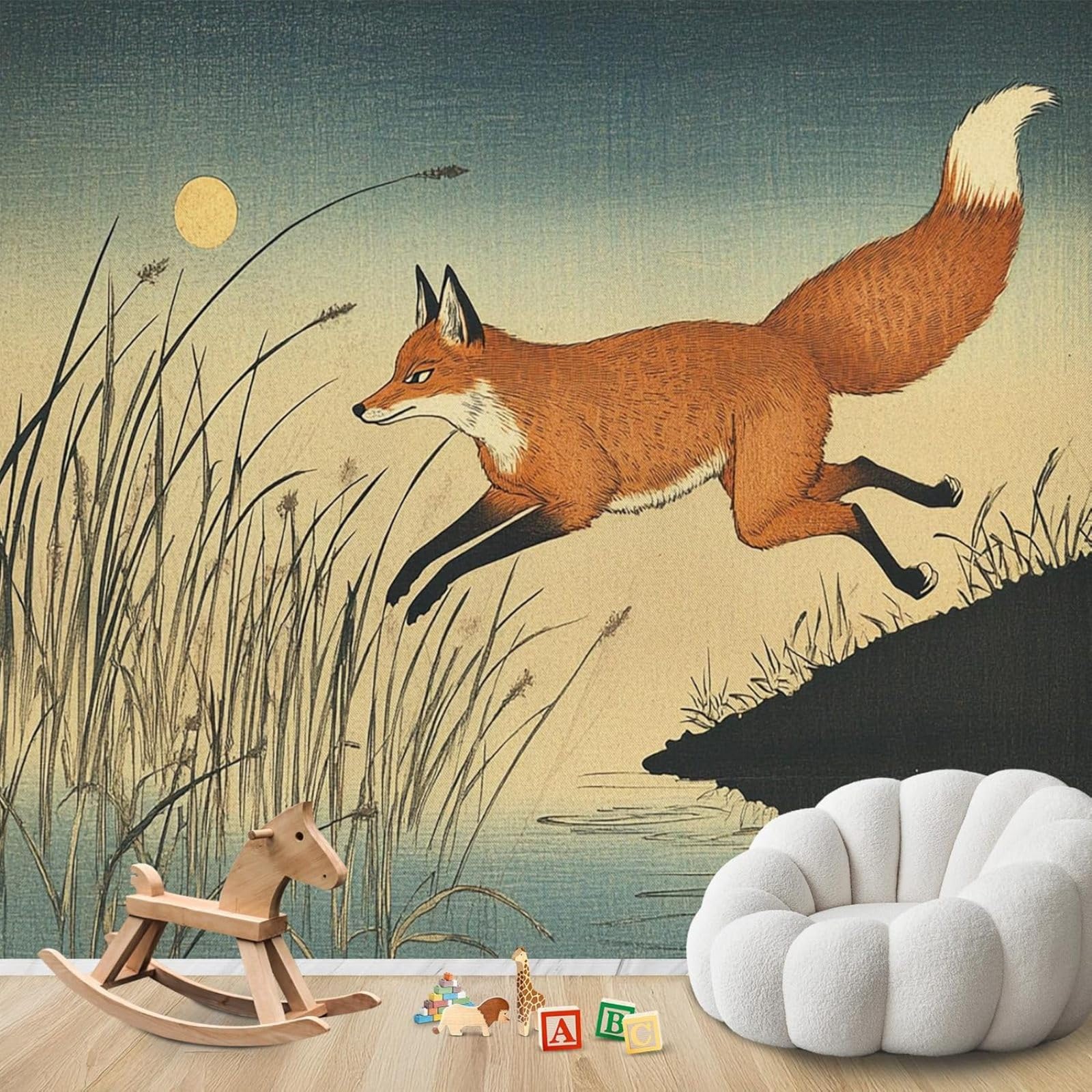 Hgjdjhnf 3D Mural Photo Mural - Wallpaper Fox, Japanese Animal Motif, Modern, Living Room, Bedroom, Children's Room, Wall, Motif,350Cmx256cm Poster - Wall Sticker - Frameless Picture