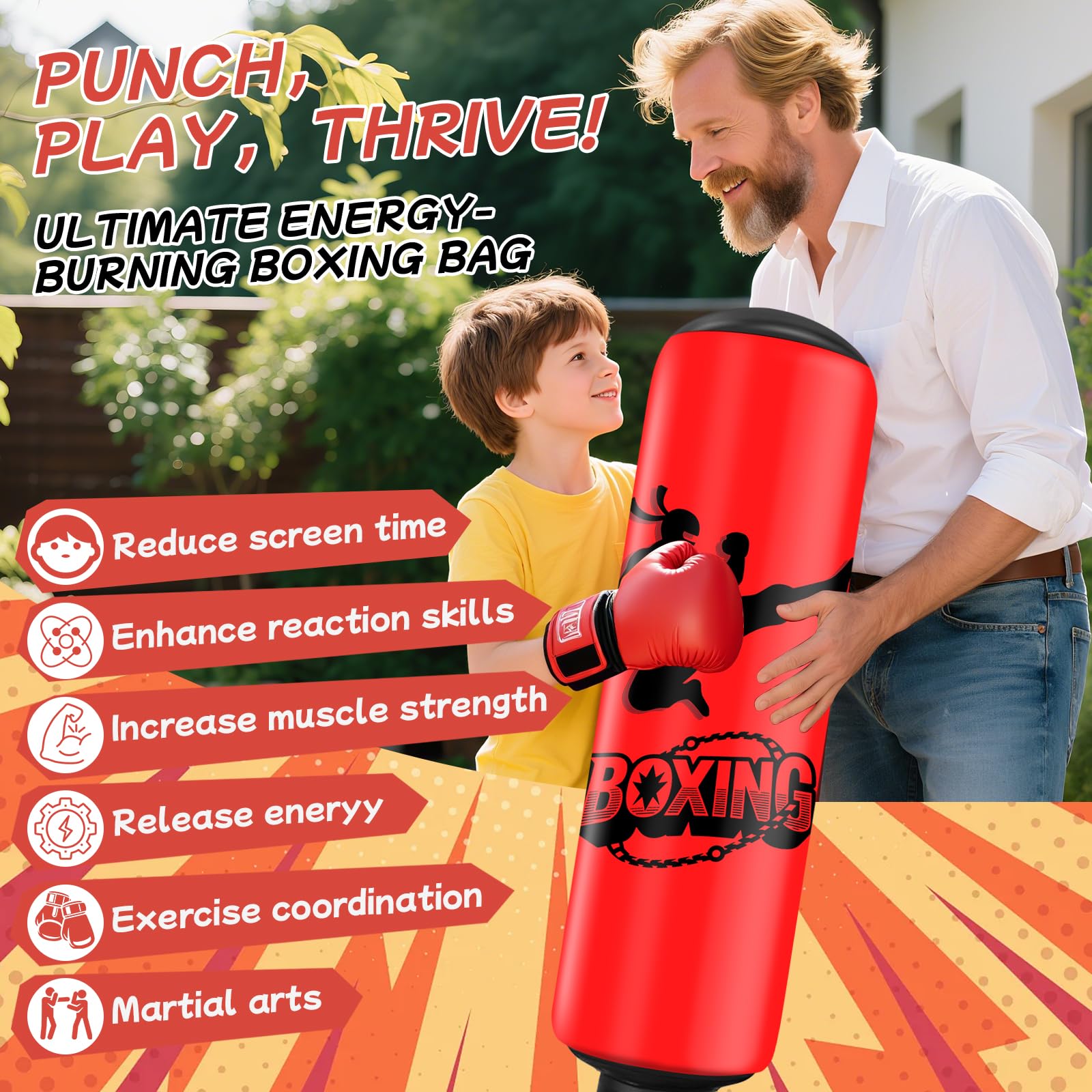 Ninonly Sacco da Boxe per Bambini 160cm Sacco da Boxe da Terra Bambini con Guantoni da Boxe Pungiball Gonfiabile e Ragazze Età 3-12 per Praticare Karate, Taekwond