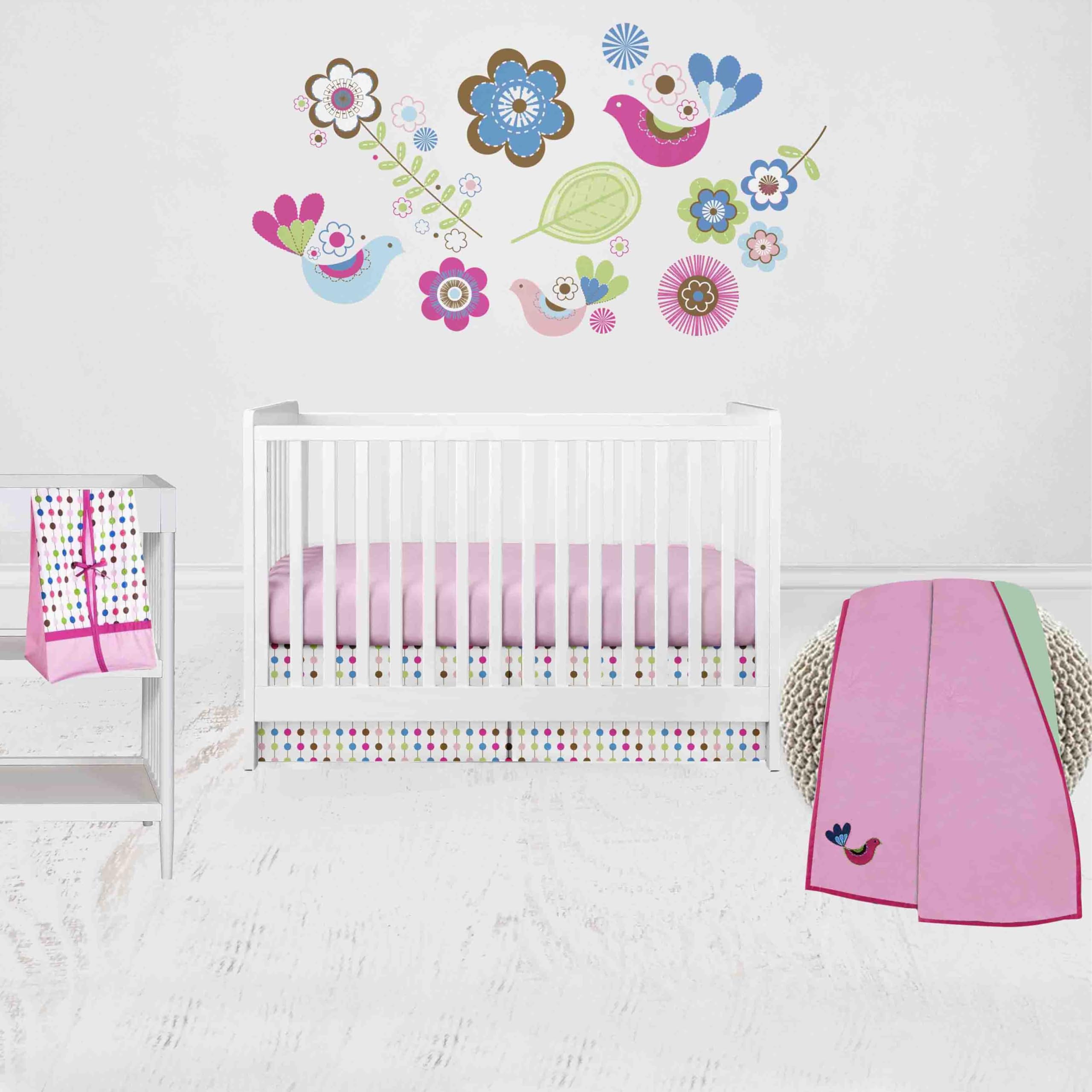 Bacati - Botanical Floral Birds Pink Multicolor 4 pc Crib Bedding Set with Diaper Caddy