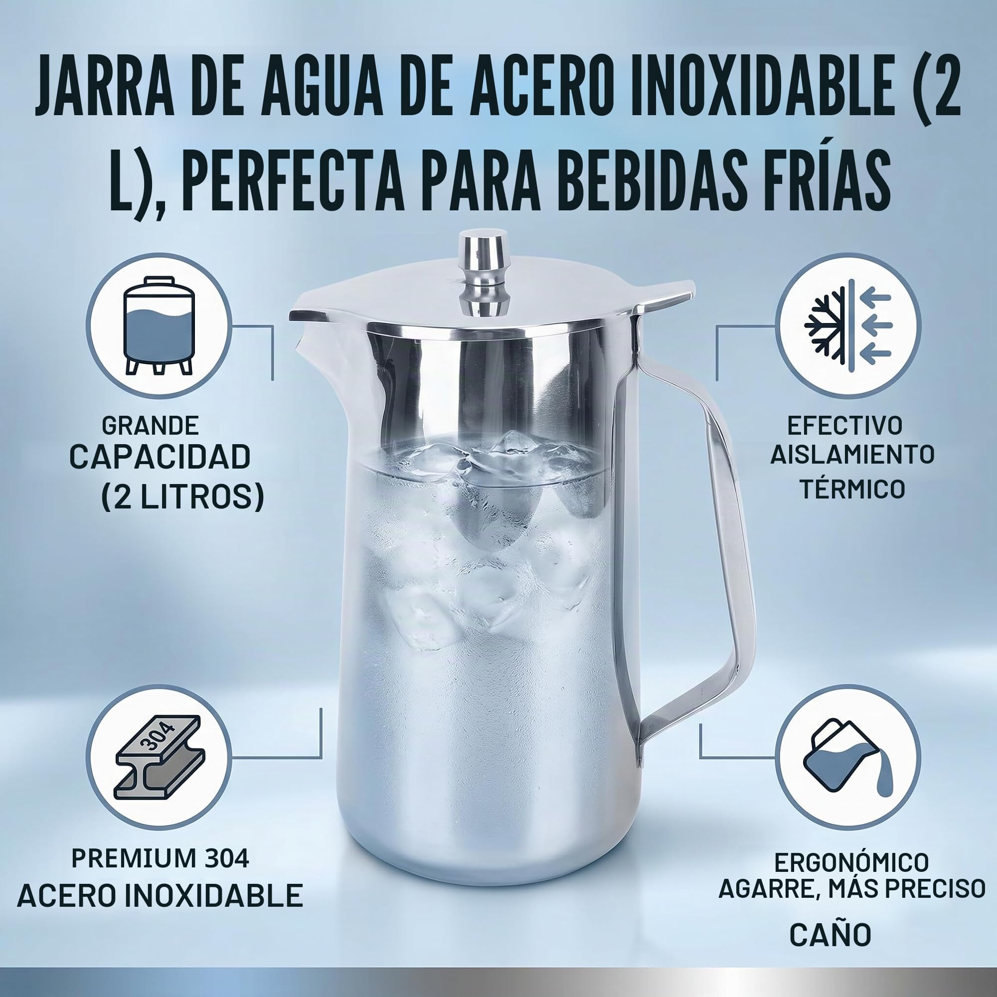 Jarra de Acero Inoxidable con Tapa 2 Litros Asa Ergonómica para Agua Fría e Infusiones Ideal para Jugos y Bebidas Frías