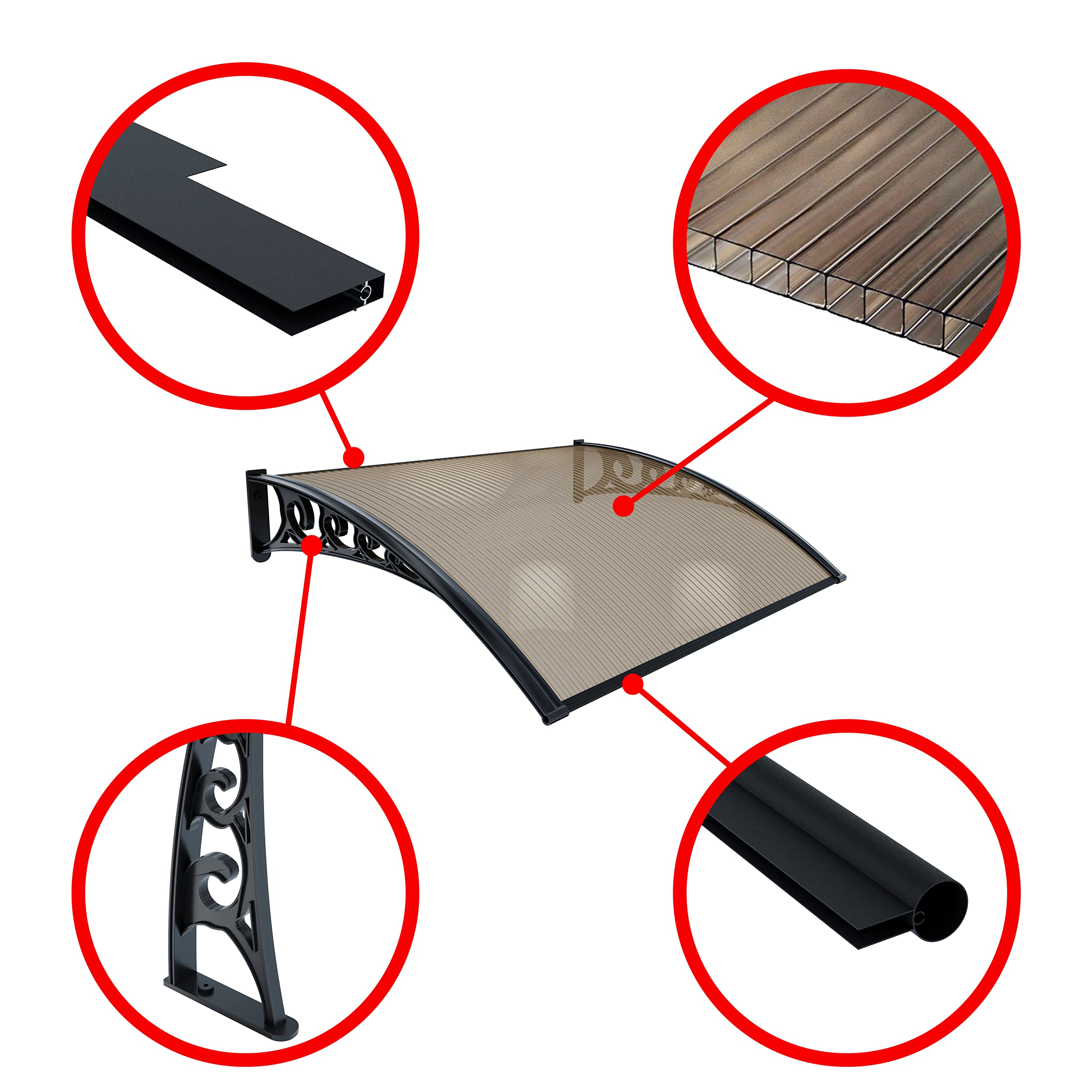 Pensilina Per Copertura In Policarbonato Alveolare Tettoia Modulabile Per Esterno Per Porte Balcone Finestre Elegante E Resistente, Colore Nero E Fumè (80 x 120 cm)