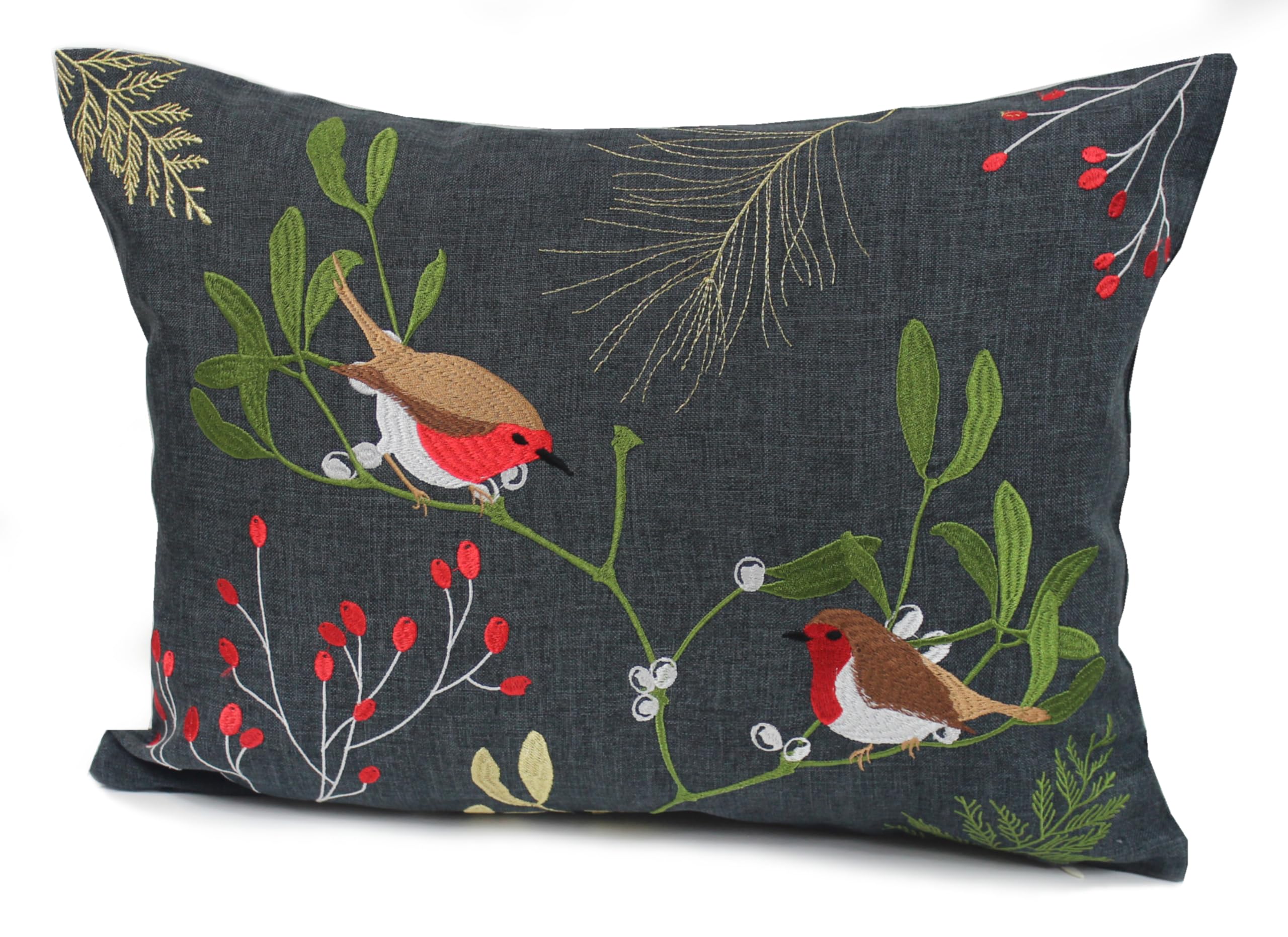 Peggy Wilkins Pewter/Multi Textiles Winter Robins Embroidered Christmas Cushion - 33Cm X 45Cm