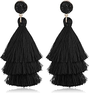 Tassel Statement Earrings for Women Clip On Drop Earrings Colorful Bohemian Tiered Tassel Druzy Dangle Drop Earrings Non Piercing Jewelry Birthday Christmas Valentines Day Gift