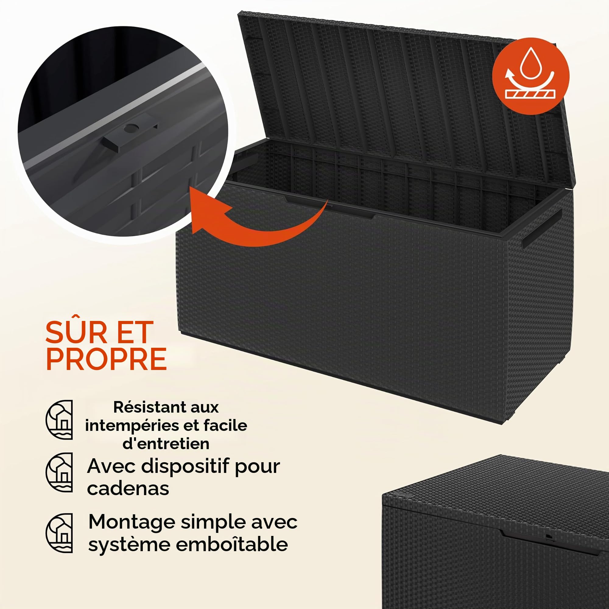 Deuba® Coffre de rangement jardin 310L Anthracite aspect rotin – Résistant UV avec roulettes et poignées – Coffre extérieur pour coussins, balcon, terrasse, véranda 123x53 cm