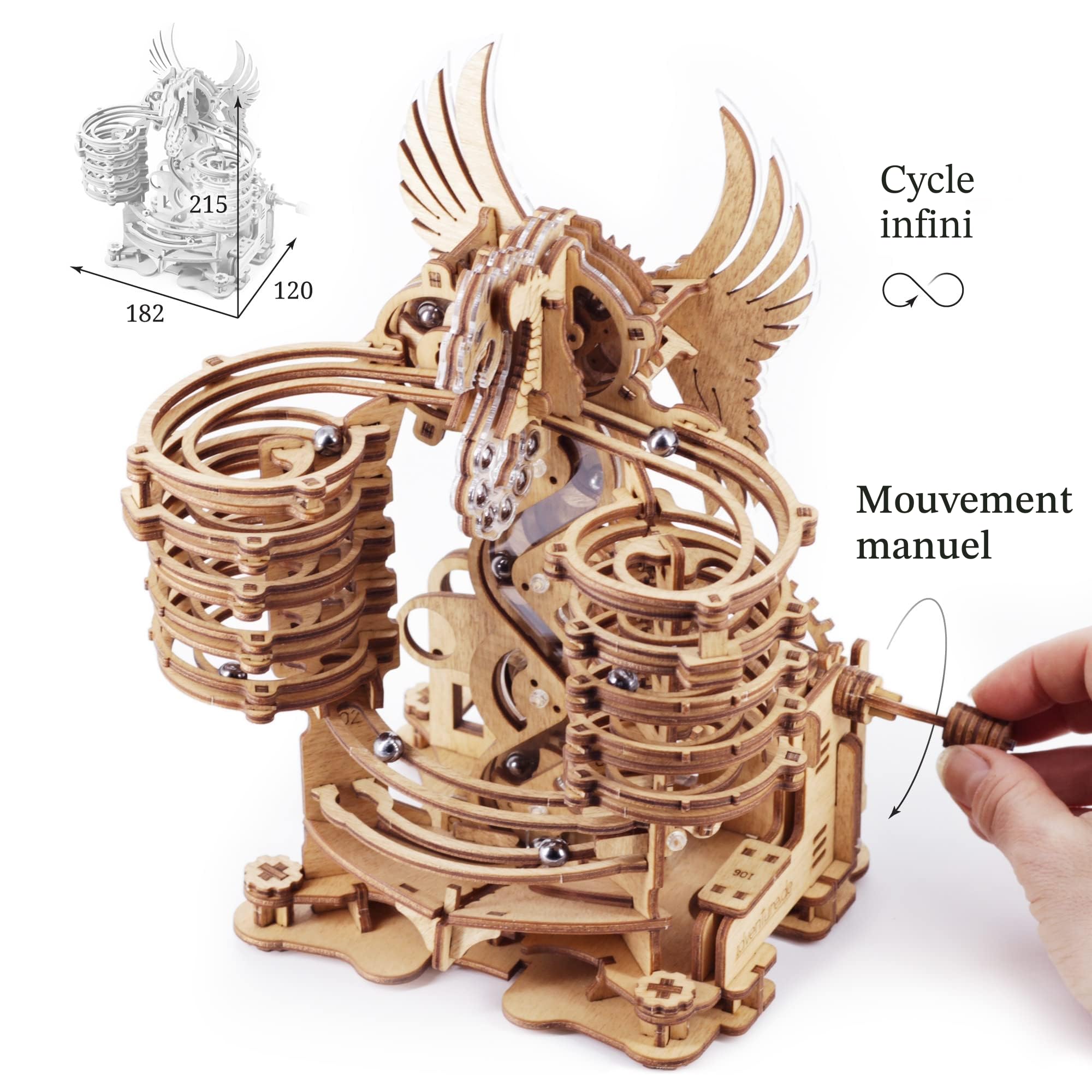 iDventure Piste de Billes Dragon, Kit Puzzle 3D en Bois pour Adultes | Kit de construction adulte, Puzzle bois 3D, 260 pièces et 15 billes, Montage sans colle, Labyrinthe à billes, Cadeau homme