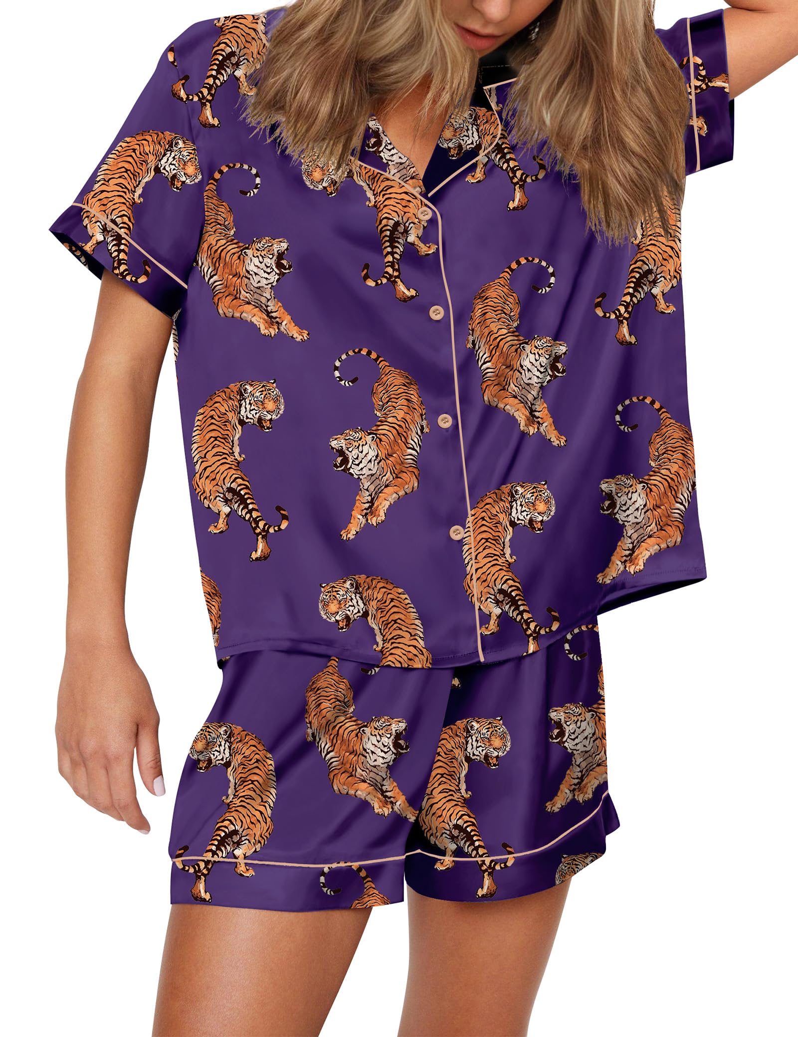 SHESHOW Funny Graphic Pajamas for Women Set Button Down Short Sleeve Top and Shorts Pjs Sets Sleepwear XS-XXL