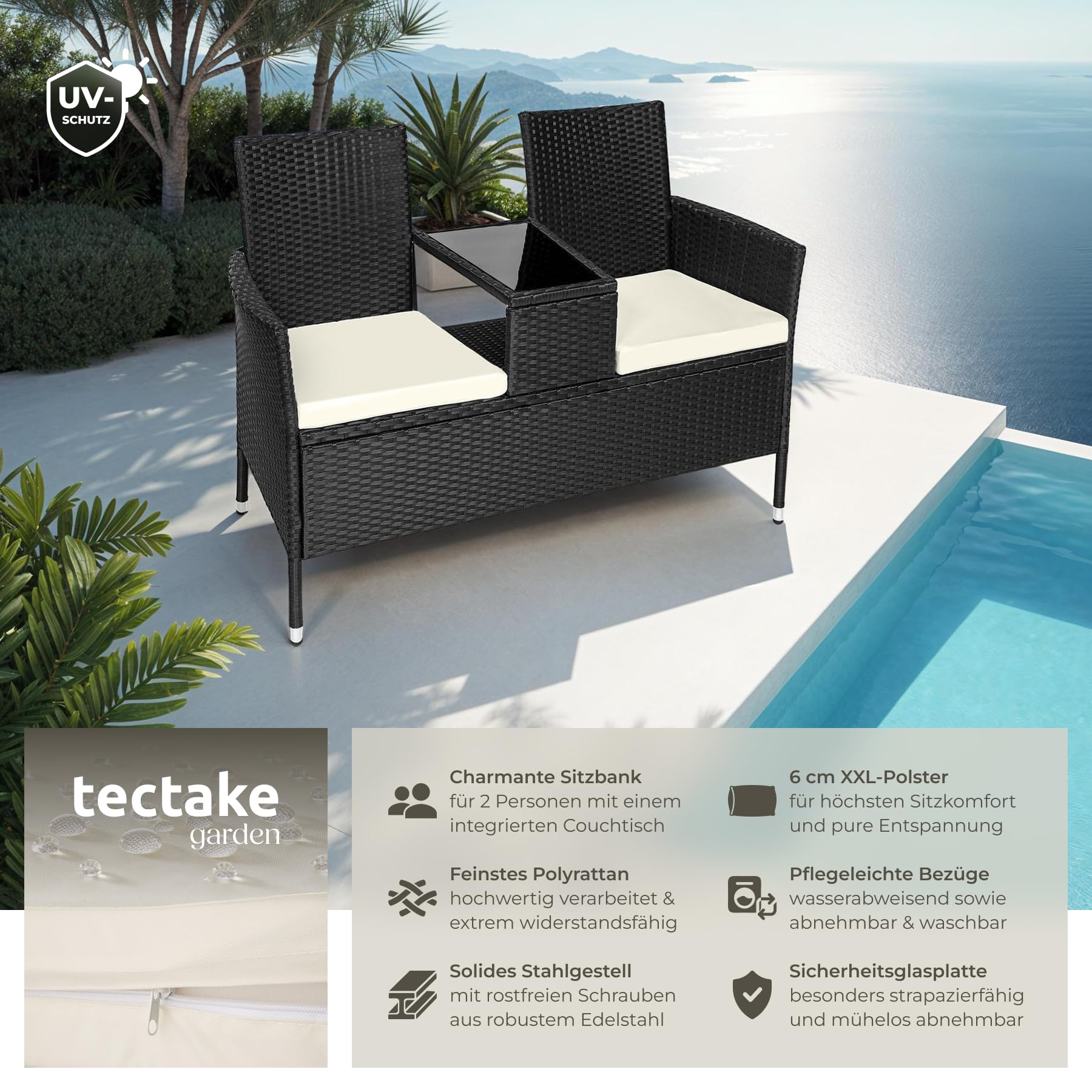tectake 404557 Poly Rattan Gartenbank mit Tisch, 2-Sitzer Bank, 131 x 61 x 82 cm, Sitzbank für Garten Balkon und Terrasse, Gartensitzbank inkl. Sitzkissen, schwarz-beige