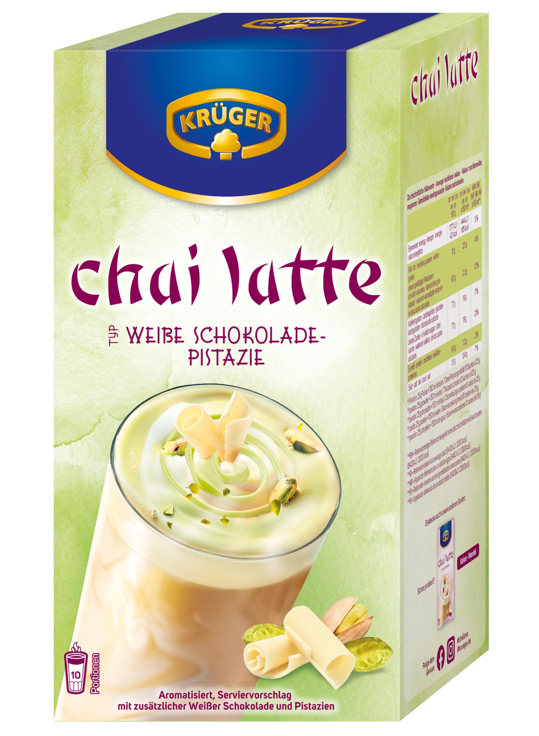 KRÜGER Chai Latte Weiße Schokolade & Pistazie, Instant-Pulver für Teegetränk, 250g (10x 25g Sachets)