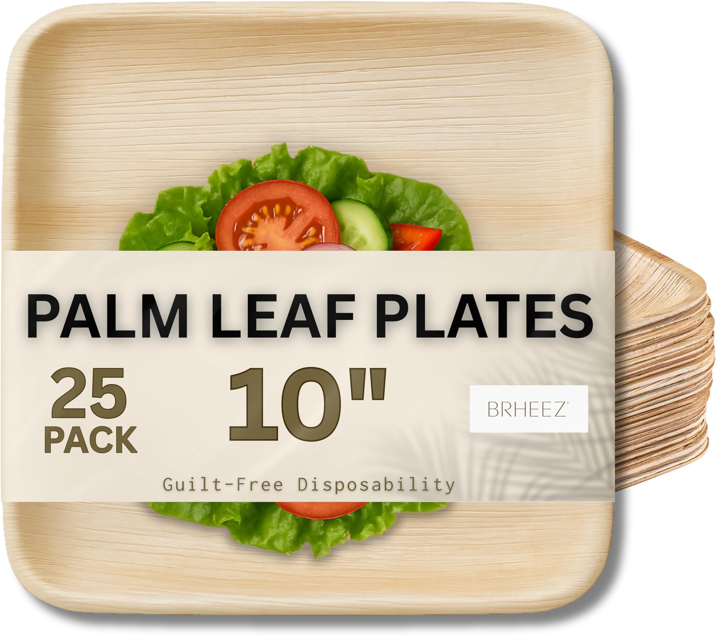 brheez Bamboo Party Plates made from Palm Leaf 10 Inch Eco Friendly Compostable & Biodegradable – Disposable Plates Heavy Duty and More Environmentally Friendly than Paper Plates - 25 Pack