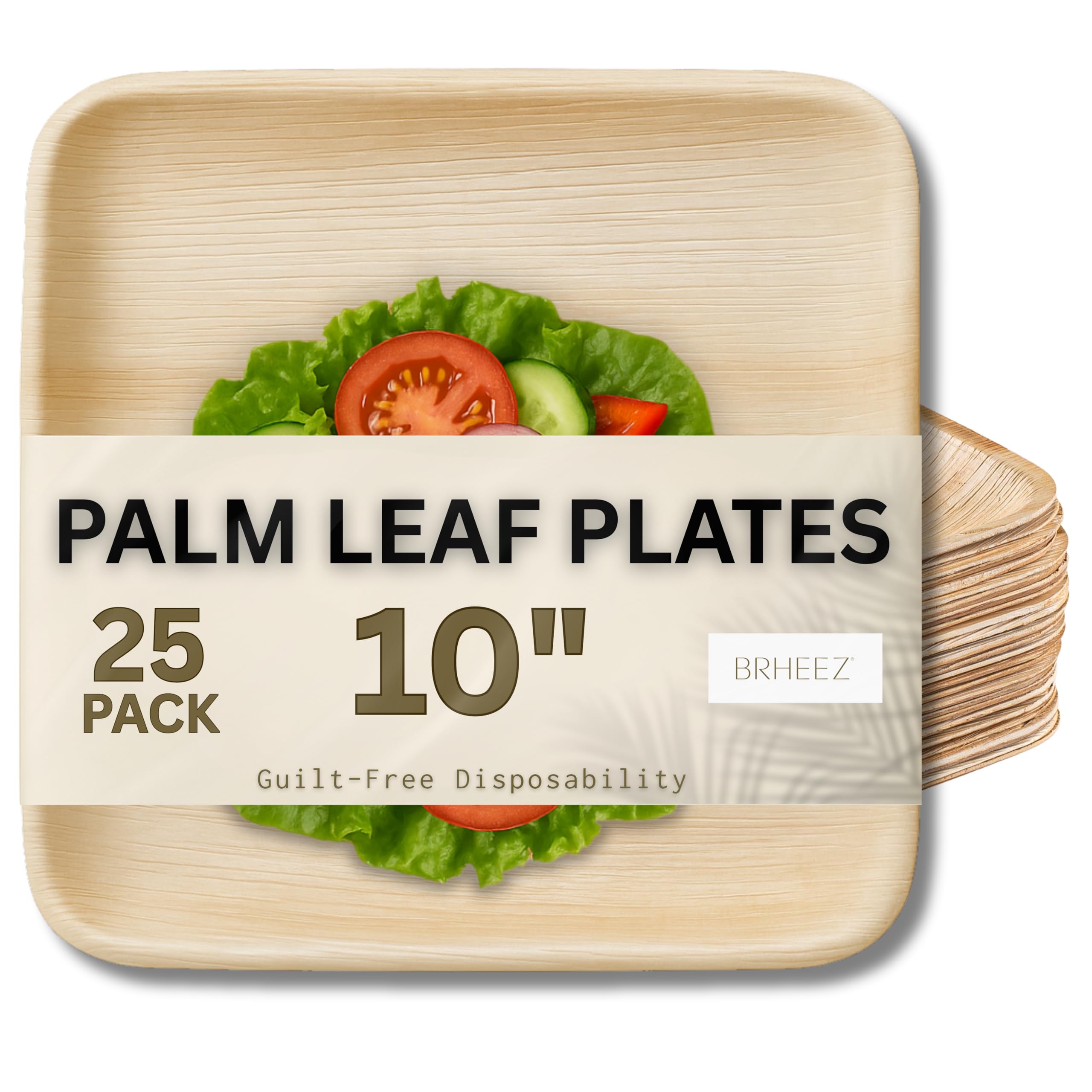 brheez Bamboo Party Plates made from Palm Leaf 10 Inch Eco Friendly Compostable & Biodegradable – Disposable Plates Heavy Duty and More Environmentally Friendly than Paper Plates - 25 Pack