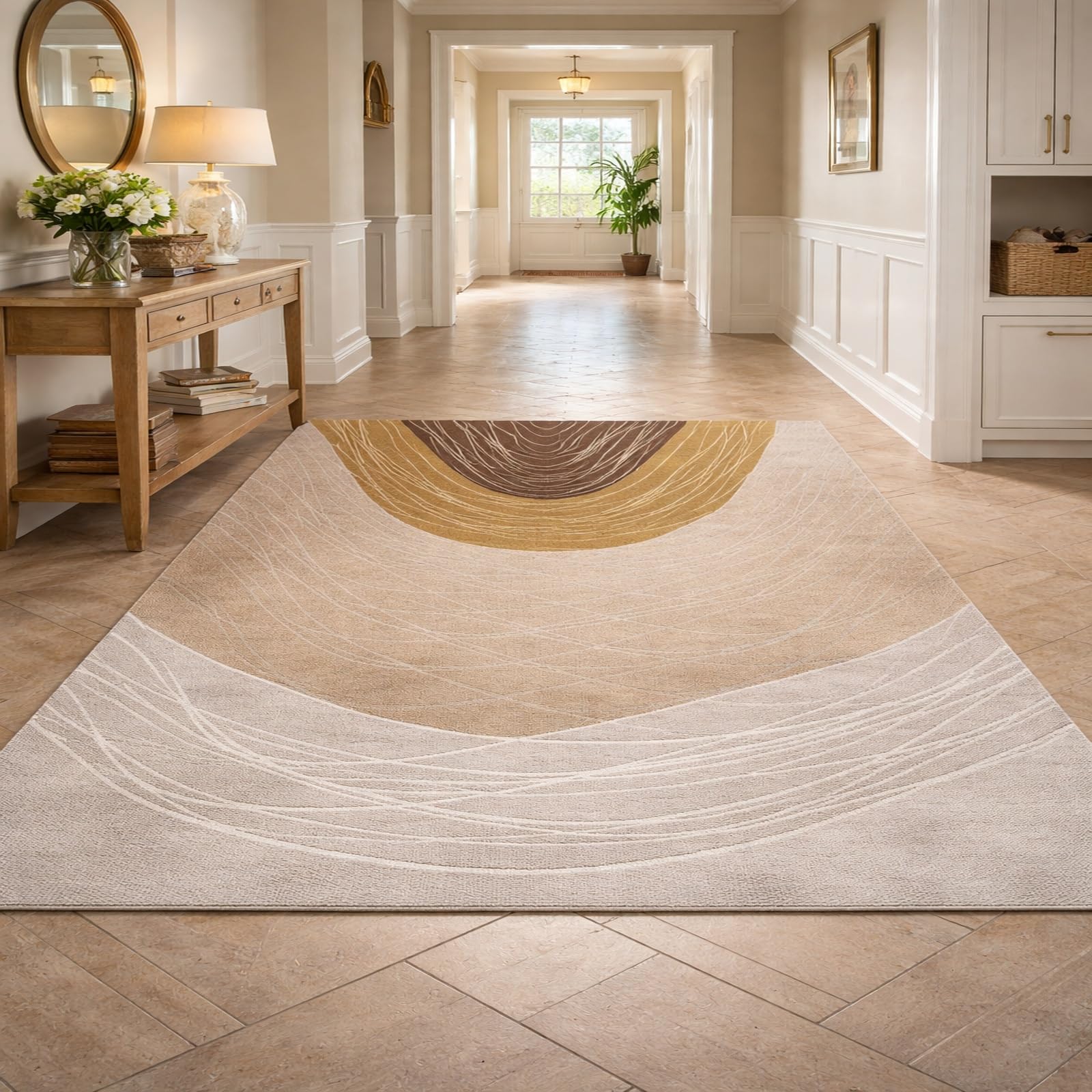 Grand tapis lavable antidérapant beige et jaune 200x240 cm pour salon