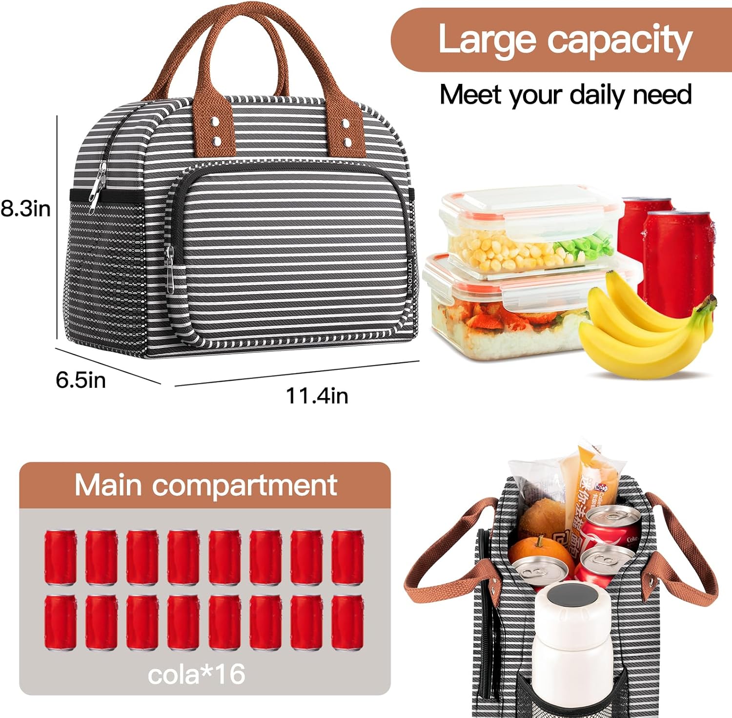 Lunch Bag for Women, Insulated Lunch Box for Women Men Work Adult, Cute Lunch Tote Large Capacity Reusable Cooler Containers for Picnic Travel Office or Beach (Black and White Stripes)