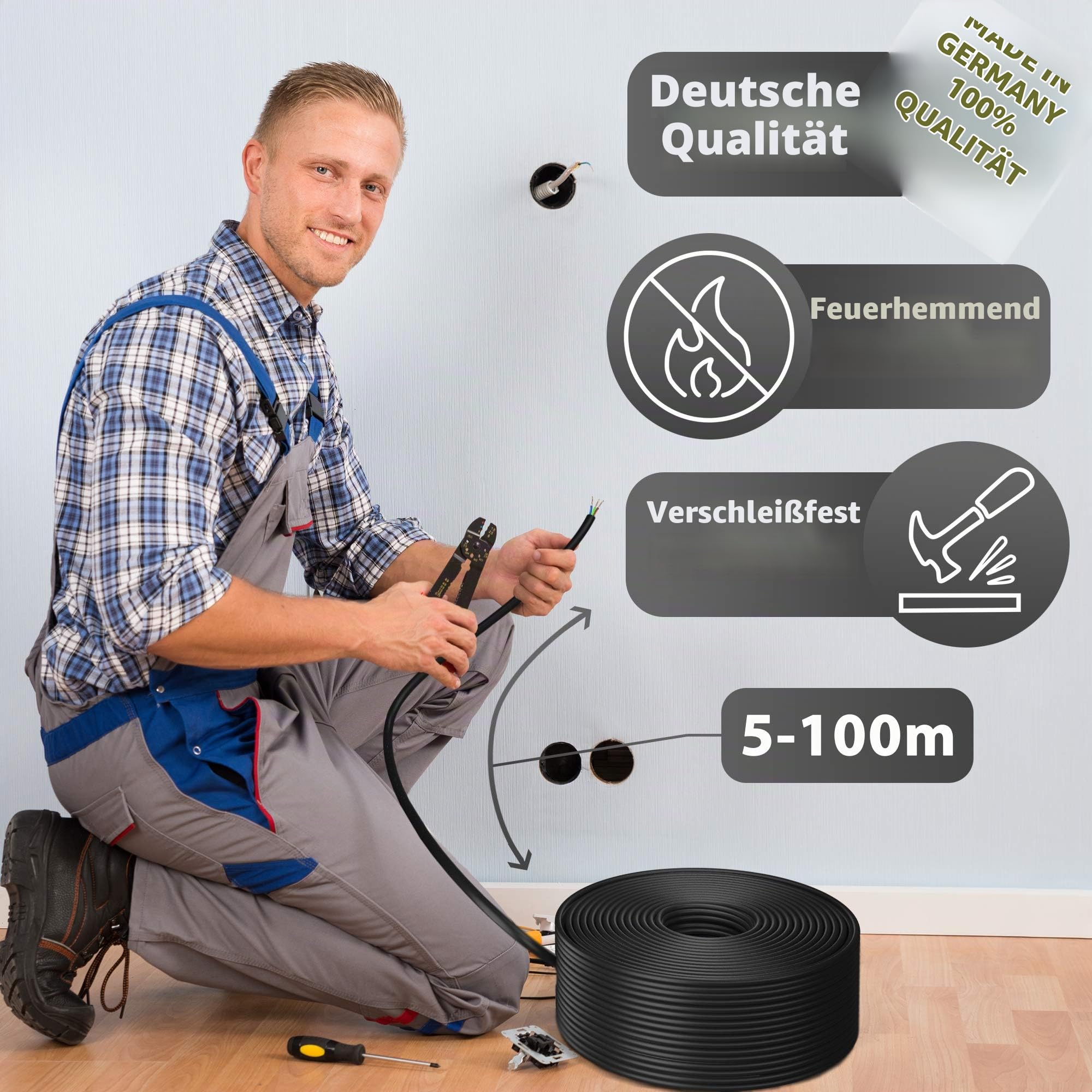 Erdkabel Stromkabel 5, 10, 15, 20, 25, 30, 35, 40, 50, 60, 70, 75, 80, 90 oder 100m NYY-J 3x2,5 mm² Elektrokabel Ring zur Verlegung im Freien, Erdreich (50m)