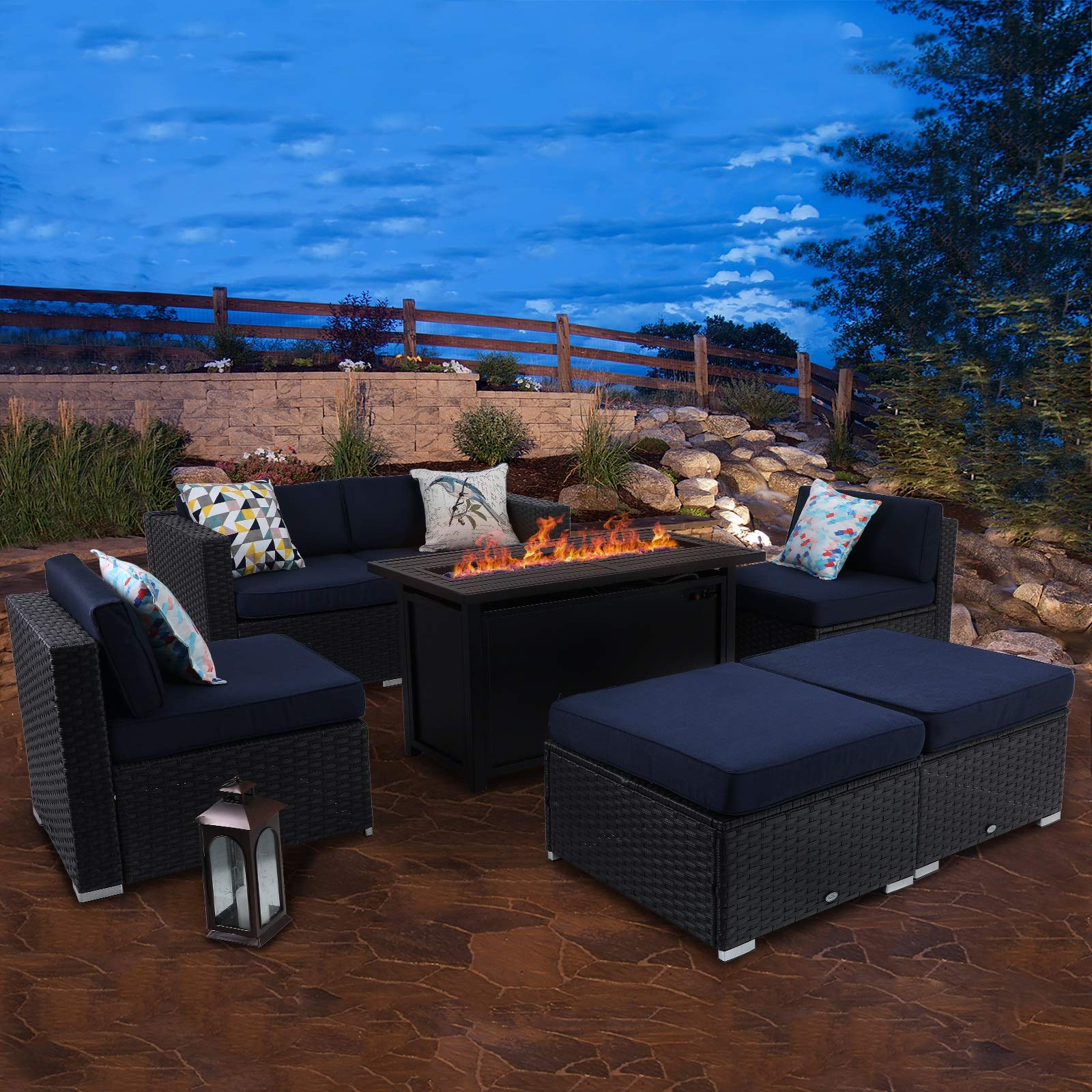 Sophia & William Patio Furniture Sectional Sofa Set with Gas Fire Pit Table 7 Piece Wicker