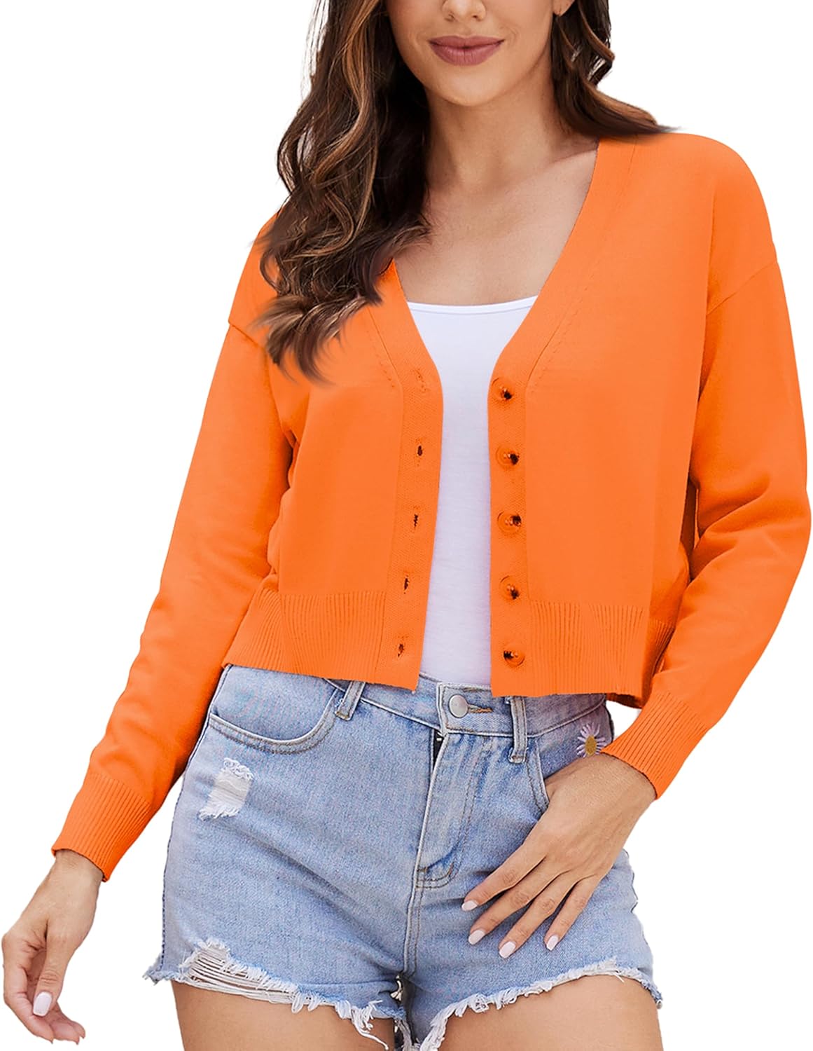 Women's V Neck Long Sleeve Cropped Cardigan Sweaters Solid Button Down Knit Bolero Shrugs Orange XX-Large