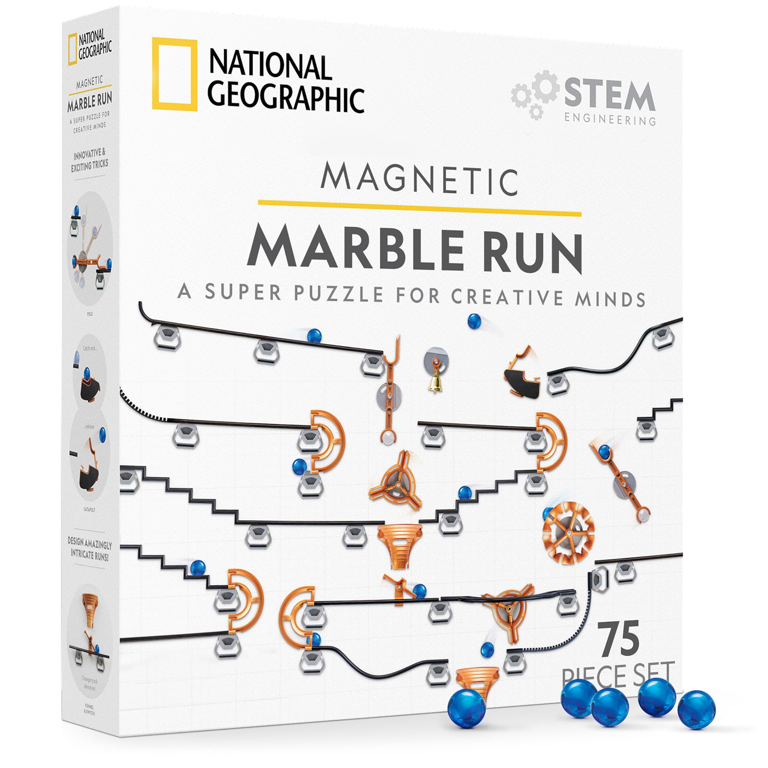 National Geographic Magnetic Marble Run - 75-Piece STEM Building Set for Kids & Adults, Magnetic Track & Trick Pieces, Marbles, Magnetic Marble Maze