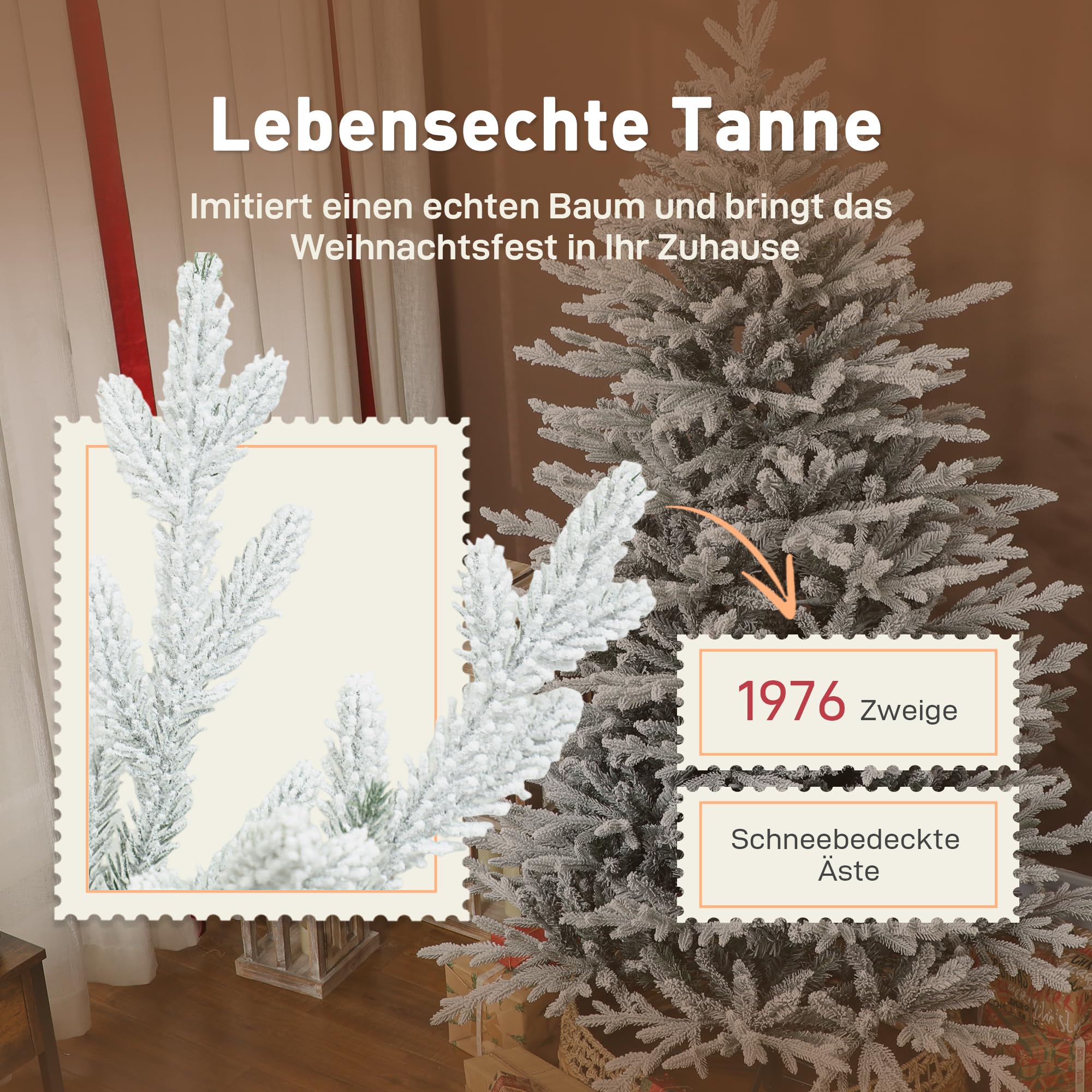HOMCOM Künstlicher Weihnachtsbaum 180 cm Mit Schnee, 1976 Spitzen | Künstlich Tannenbaum, Christbaum Weihnachtsdeko, Inkl. Klappbar Metallständer, Für Drinnen