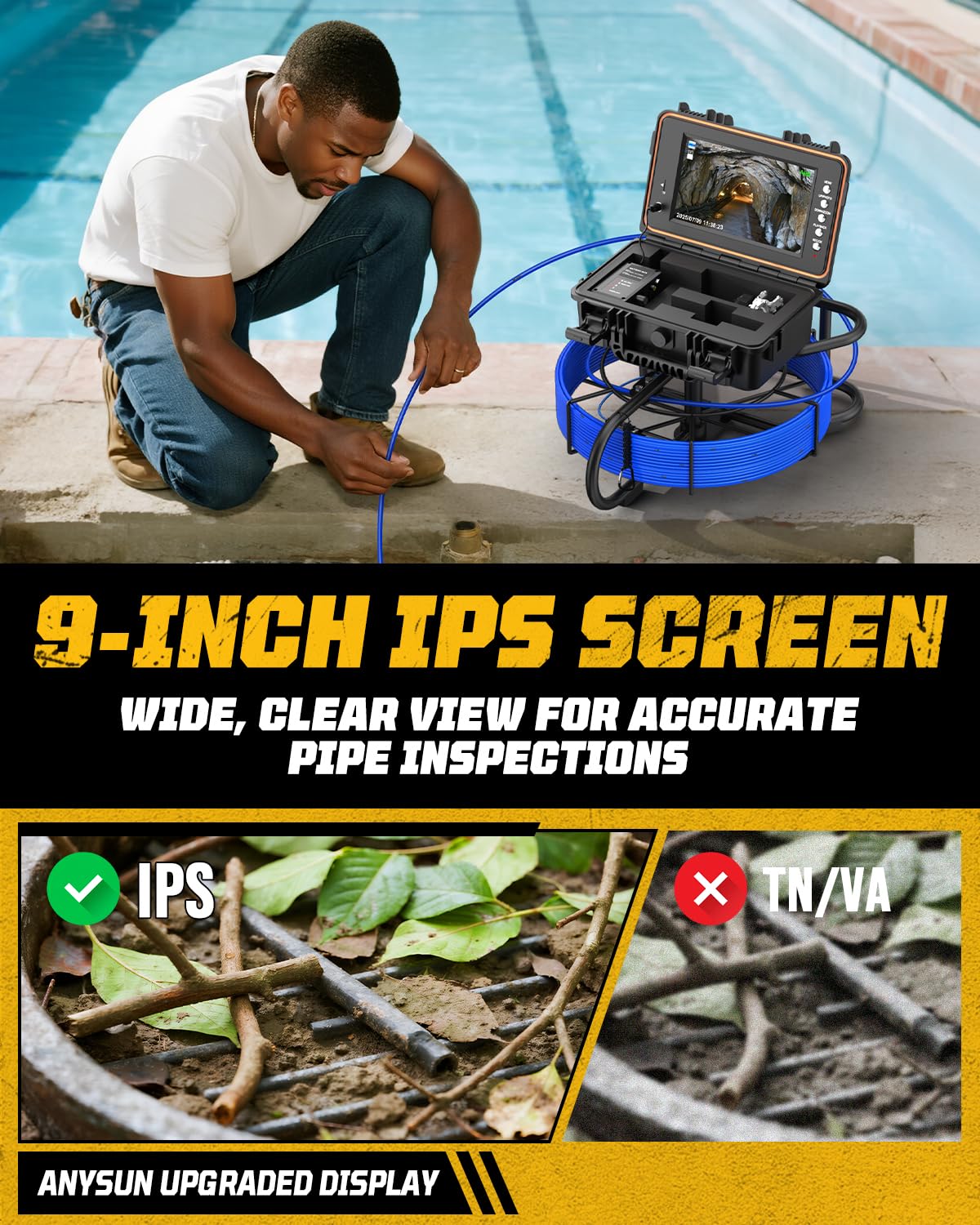 Anysun Inspektionskamera mit Selbstnivellierung, 23mm IP68 Wasserdichter Rohrkamera, 9" IPS Bildschirm, 1080P DVR, 7mm Kabel mit Meter-Markierung, 5100mAh Akku Endoskopkamera für Abflussinspektionen