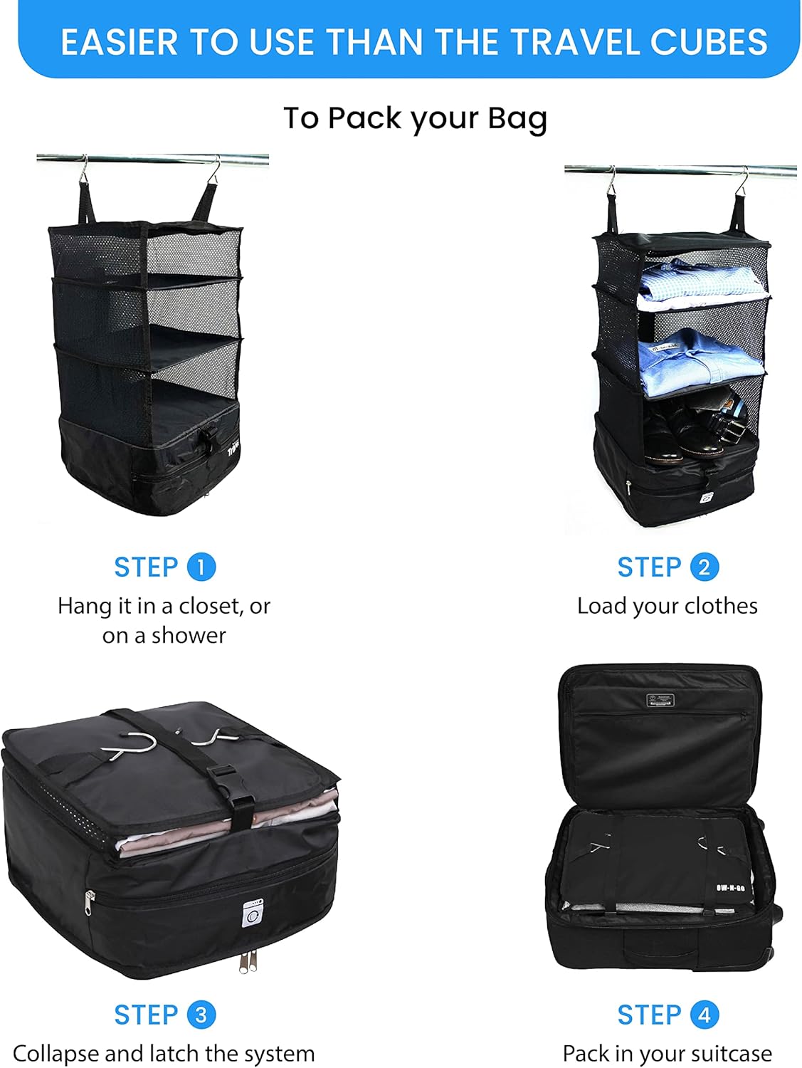 Grand Fusion Stow-N-Go Packing Organizer for Luggage, Portable Hanging Travel Shelves, Carry-On Closet, Hanging Packing Cubes, Collapsible Carry-On Organizer for Cruises & Hotels. Black - L - Image 7