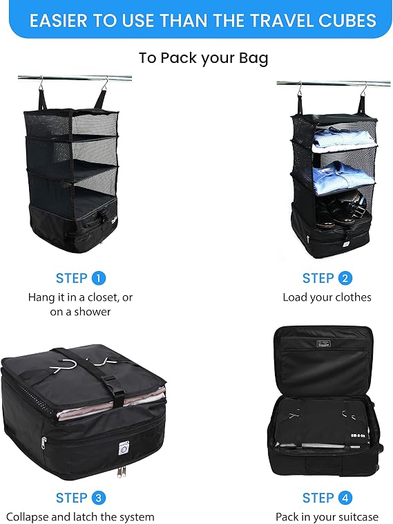 Grand Fusion Housewares Portable Luggage System Suitcase Organizer (Hanging Travel Shelves & Packing Cube Organizer) Small Black
