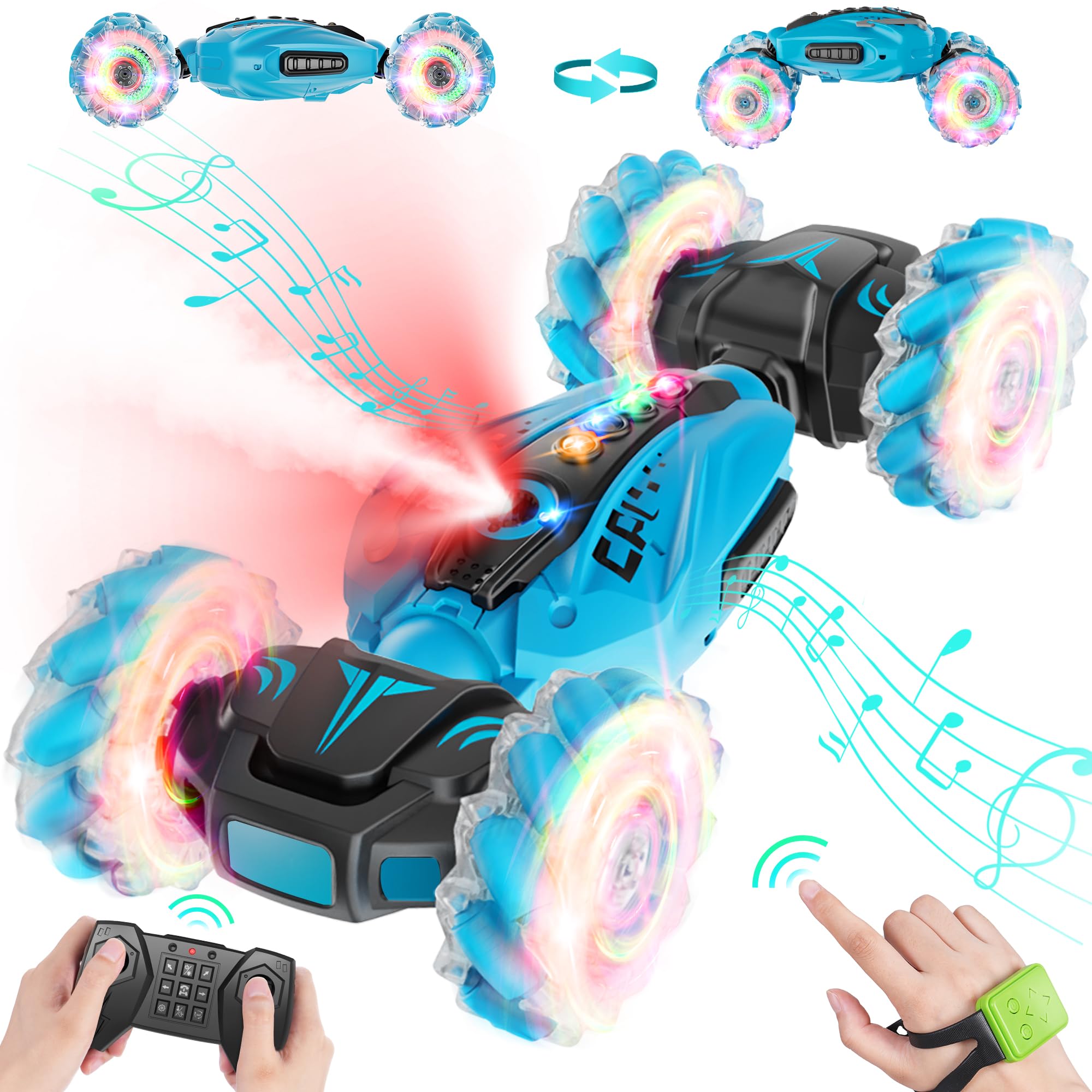 CoziBB Gesture Sensing RC Stunt Car, Remote Control Car for Ages 6-12, with Spray Lights Music, Birthday Gift for Boys Girls, 4WD 360° Spins All Terrains RC Cars for Kids (Blue)