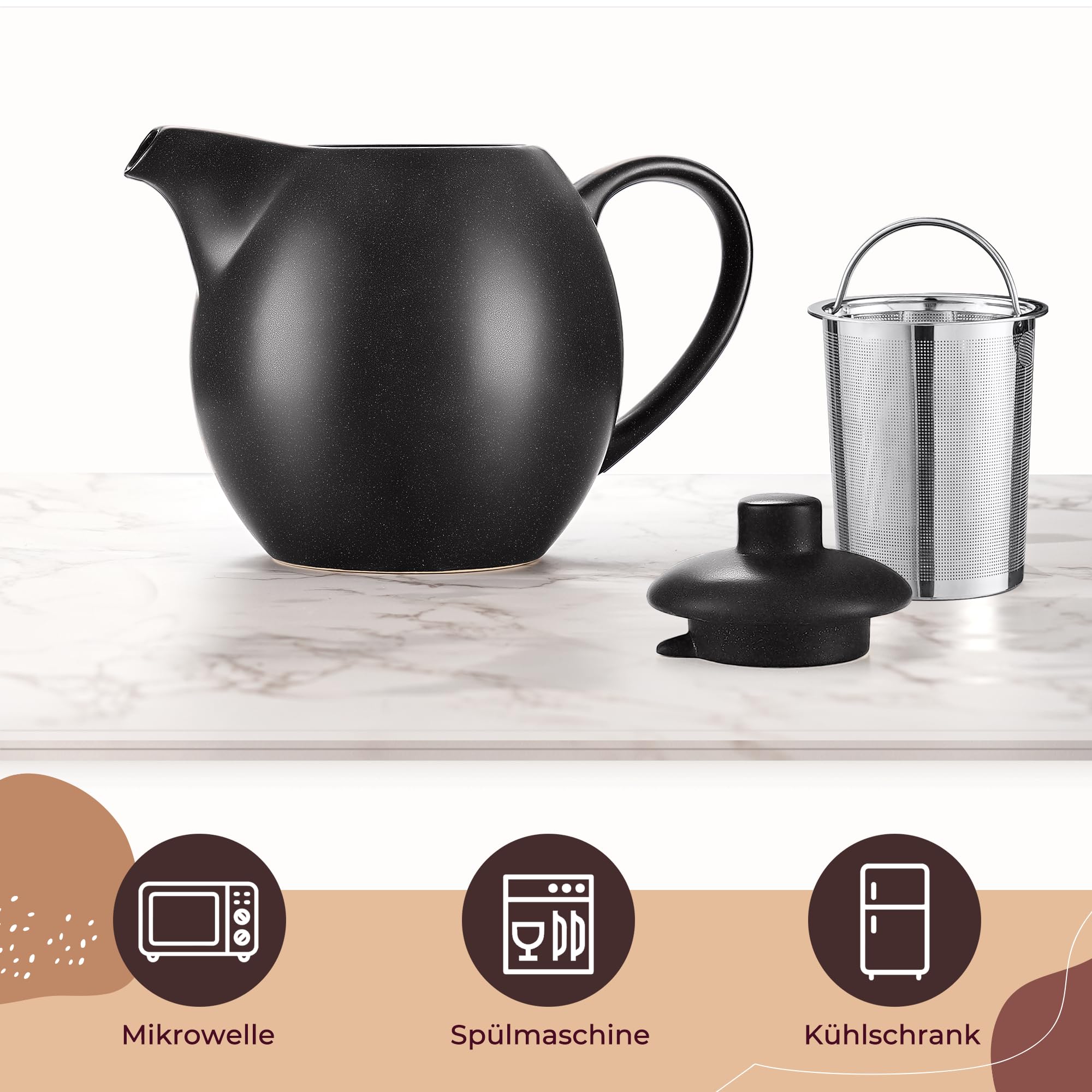 Teekanne mit Stövchen Set - 1,2 l - Teekanne mit Siebeinsatz und Stövchen - Keramik - Schwarz - Tee Zubehör - mit Kerzenwärmer