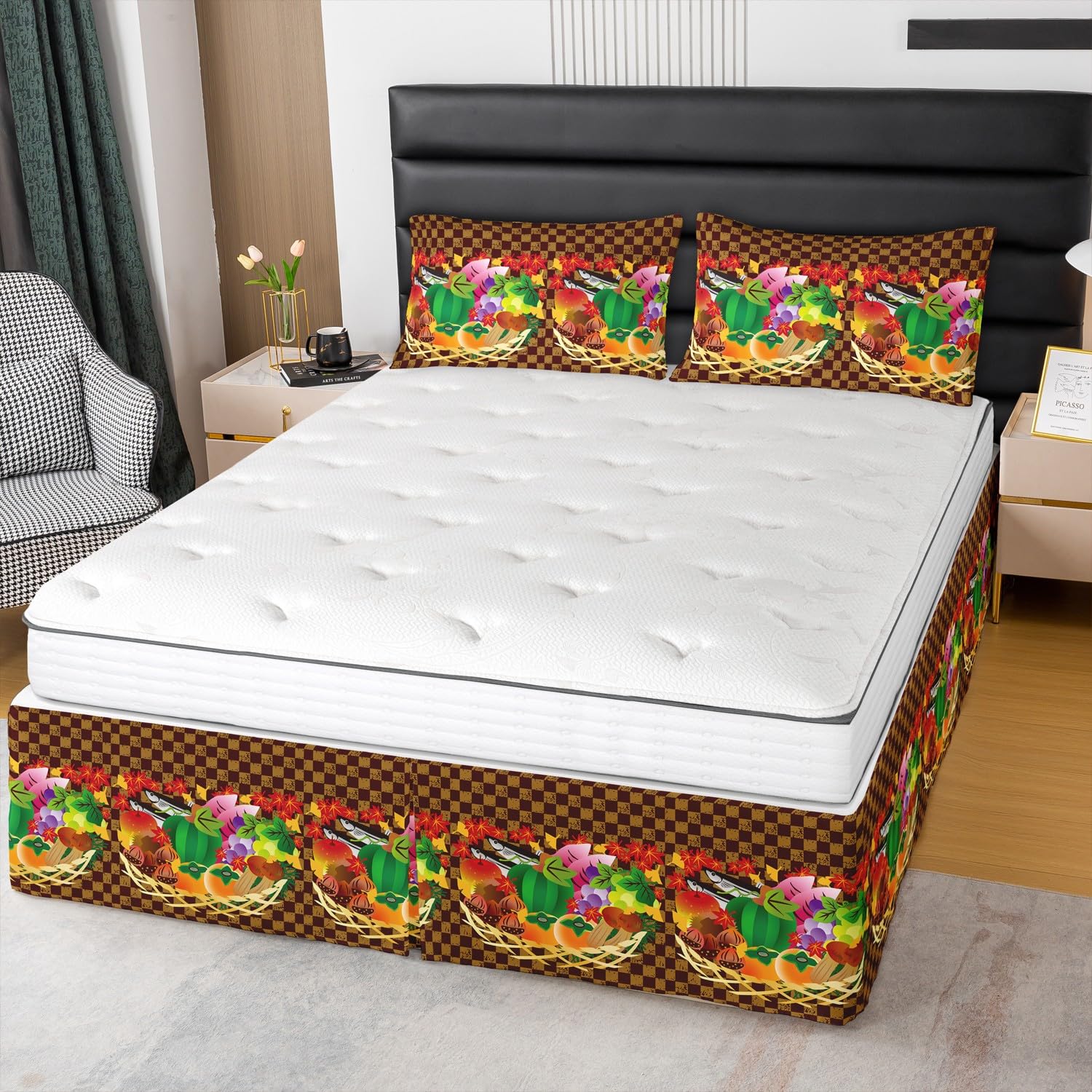 Erosebridal Harvest Basket Bed Skirts Declicious Food Theme Bed Skirt Buffalo Grid Lattice Bedskirt for Boys Girls Kids,Full