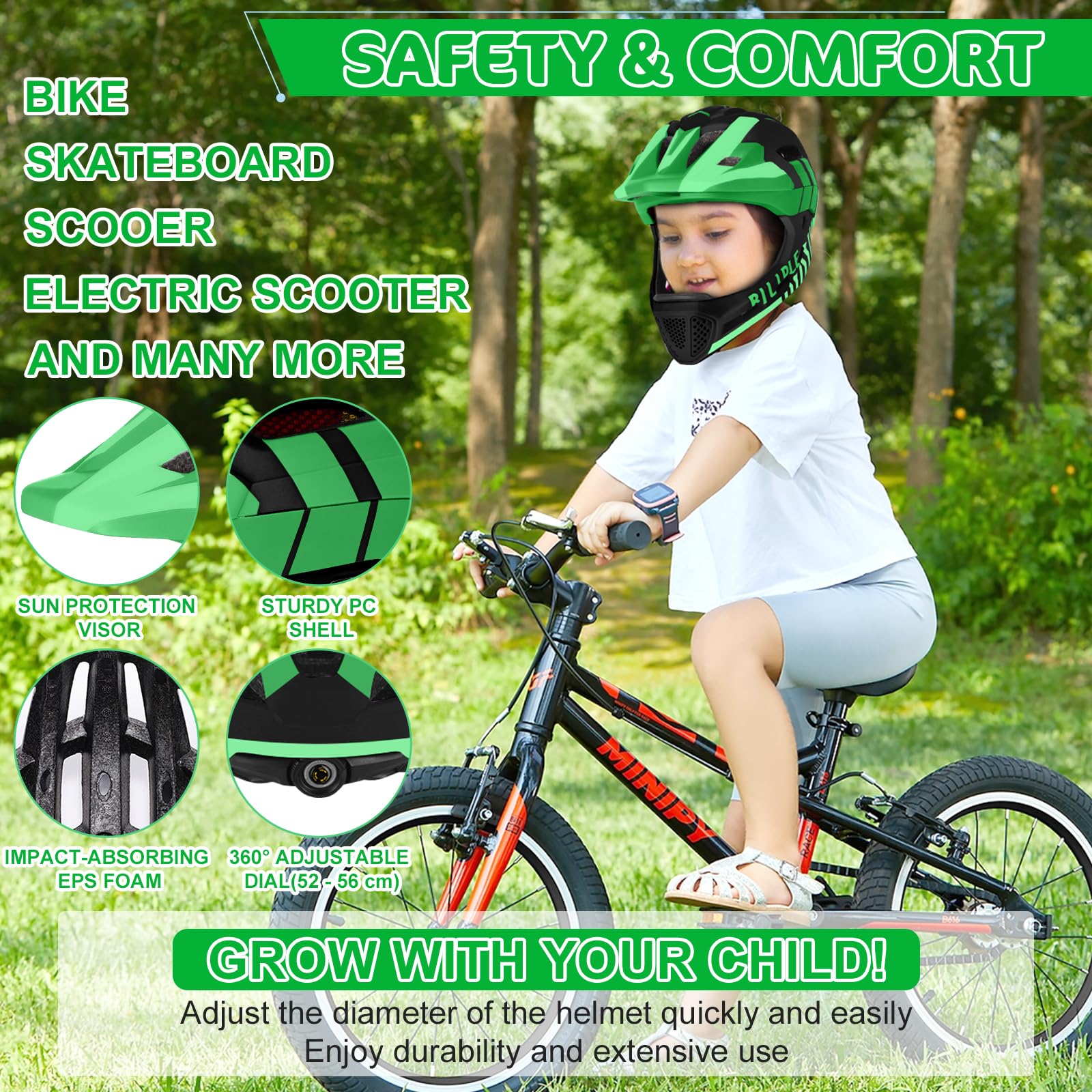 Kask dziecięcy, zintegrowany kask rowerowy 2 w 1, ze zdejmowaną osłoną podbródka, uniseks, 52-56 cm, kask ochronny do jazdy na rowerze, wrotkach