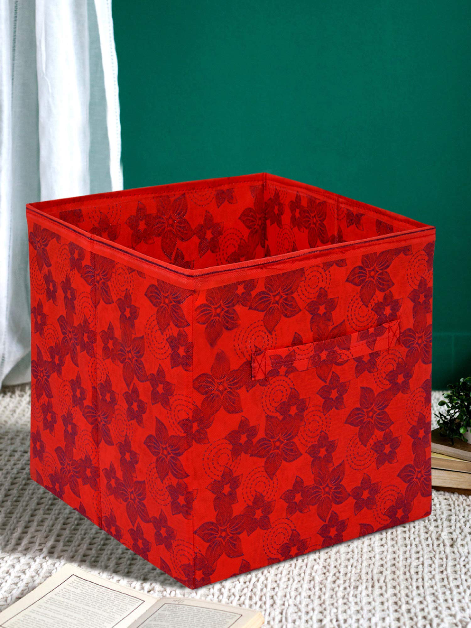 Kuber Industries HS43KUBMART26261 Metallic Floral Print Multi-Purpose Storage Box/Organiser with Handles - Red