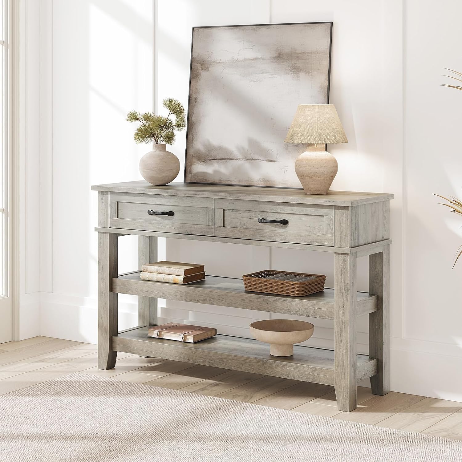 GarveeHome Entryway Table, Console Table with 2 Storage Drawers, 3 Tier Farmhouse Wooden Sofa Table, Hallway Tables for Entryway, Living Room-Grey