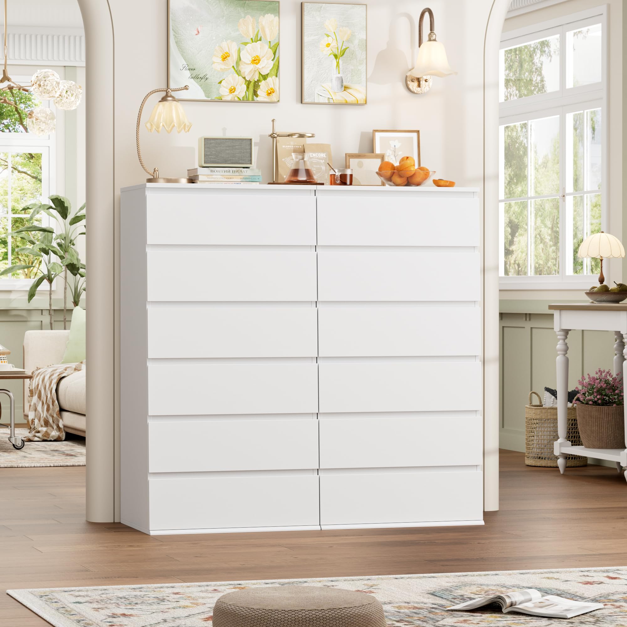 FOTOSOK White Dresser, 6 Drawer Dresser with Handleless Drawer Cabinet
