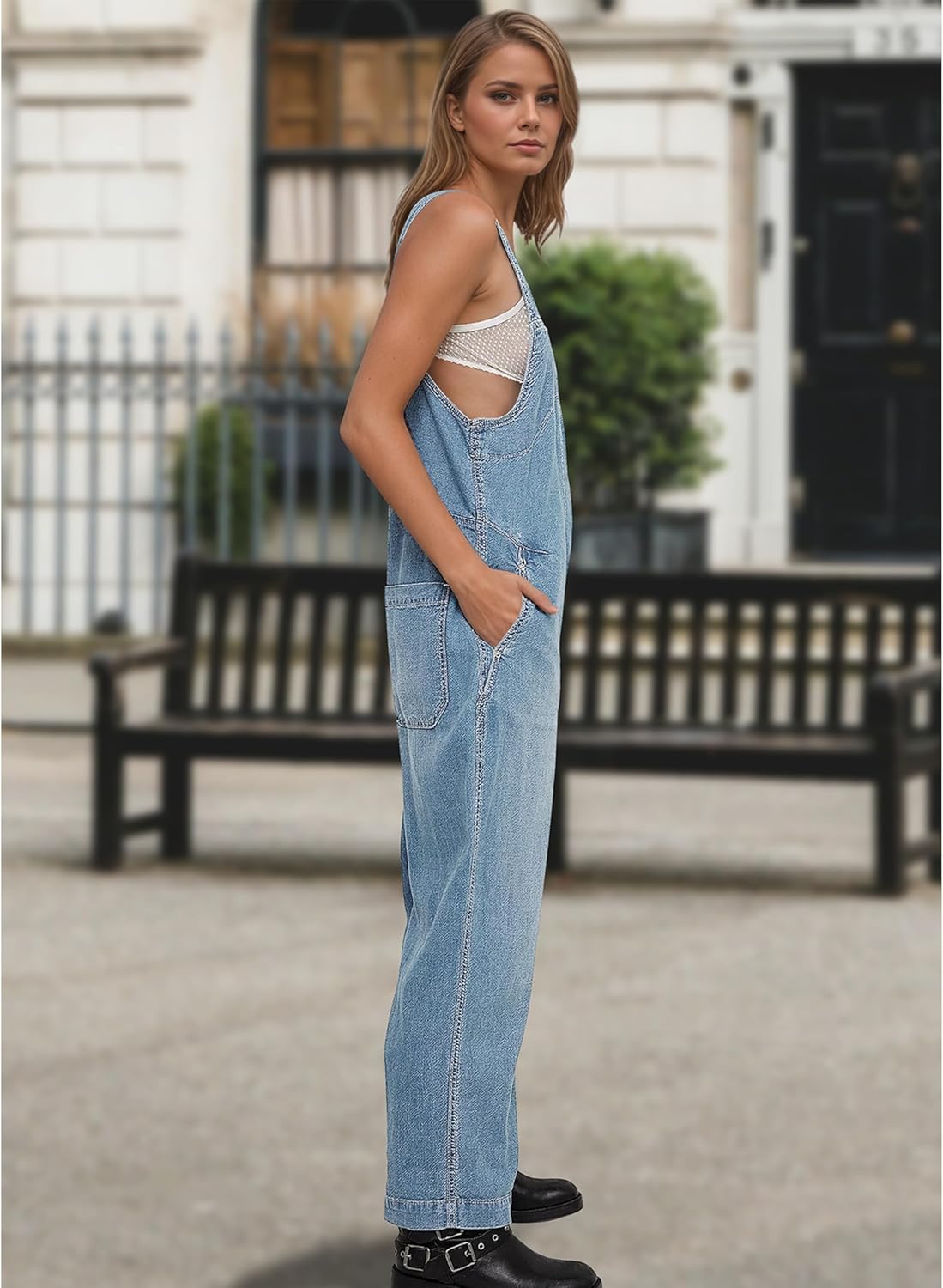 Fdakg Women's Denim Overalls Casual Loose Fit Wide Leg Jumpsuit Zipper Sleeveless Bib Overalls Jeans with Pockets - Image 4