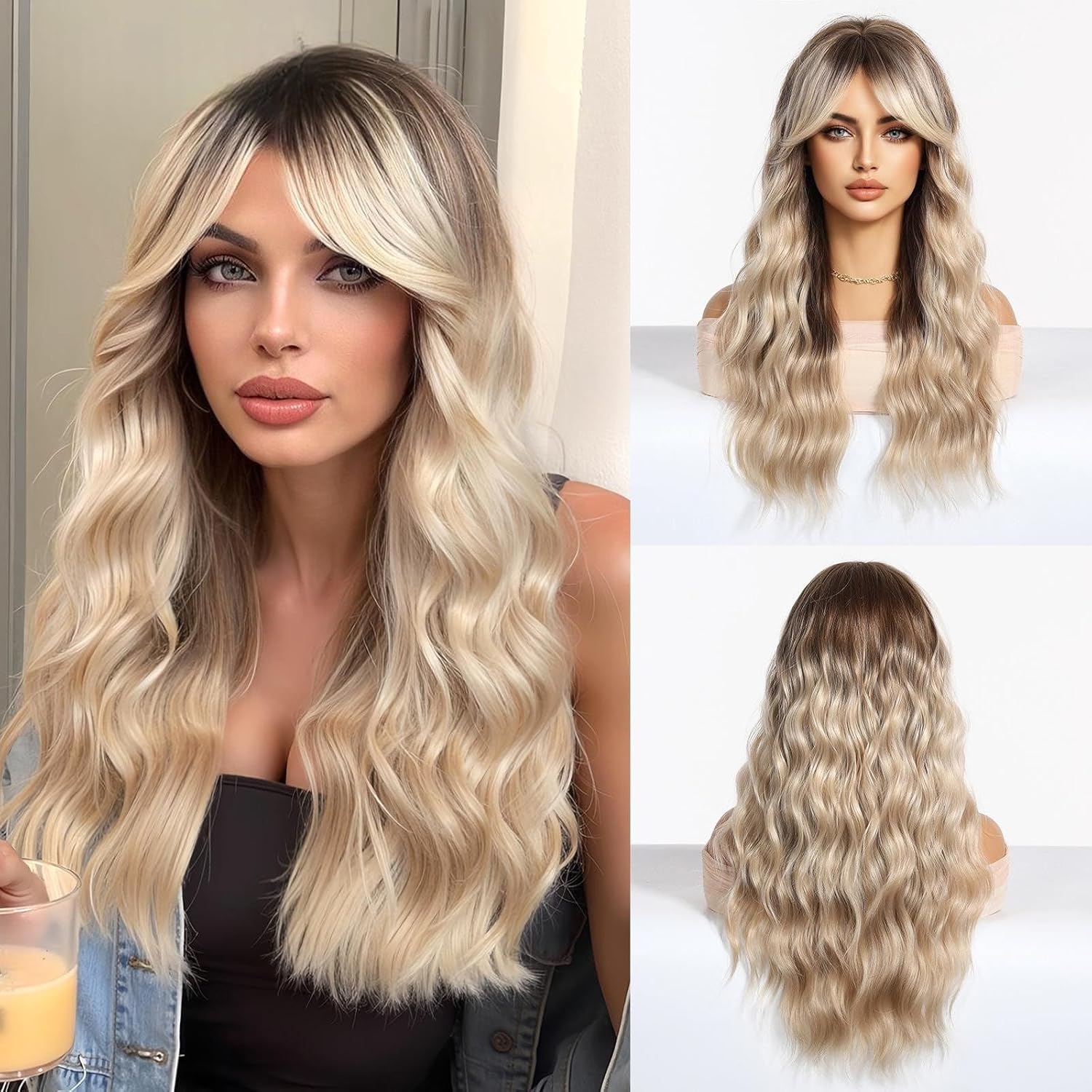 Blonde Wig with Bangs Dirty Blonde Wavy Wigs for Women Shoulder Length Curly Wigs Human Hair for Party Daily Use Lightweight Glueless (Dirty Blonde)
