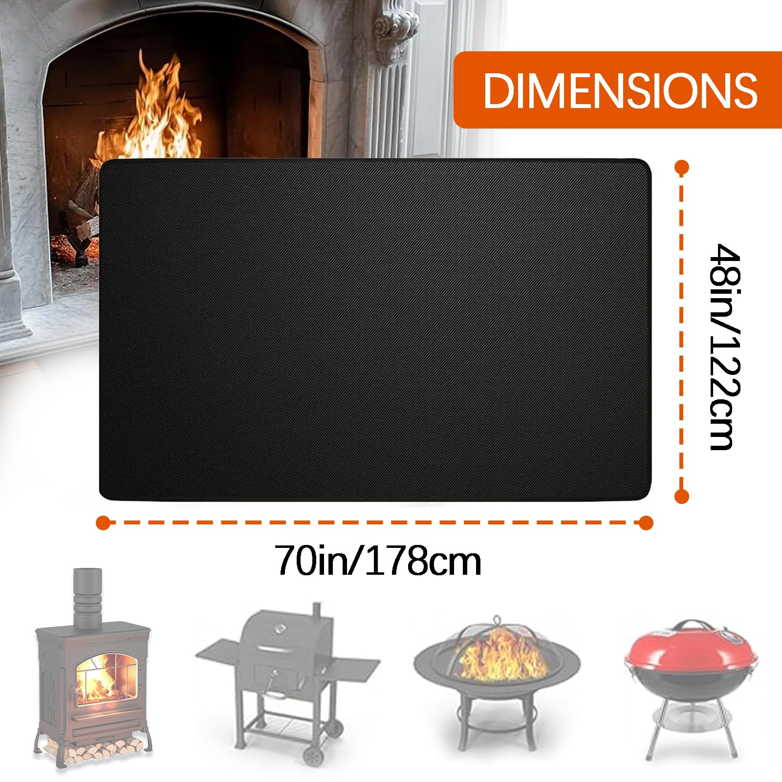 Tappetino per caminetto ignifugo Tappetini per stufe a legna da interno Tappeti pers caminetti resistenti al fuoco Tappetini da esterno pers barbecue,70×48in/178×122cm