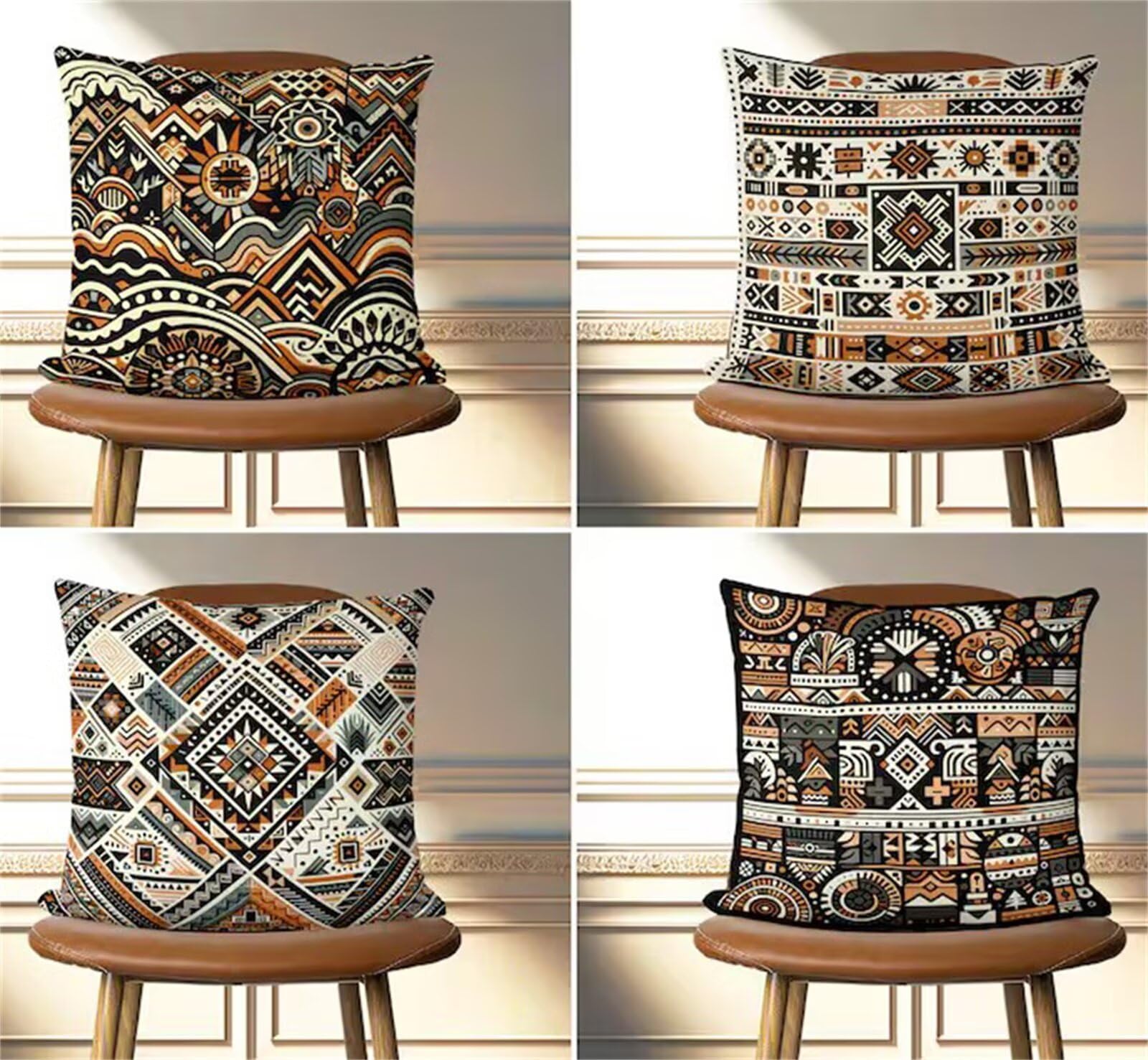 Heaen Outdoor Cushions Covers Waterproof 35x35 cm Set of 4 Square Linen Pillow Cases Brown Black Geometric Decorative Dushions for Sofa Porch Patio Home Decor