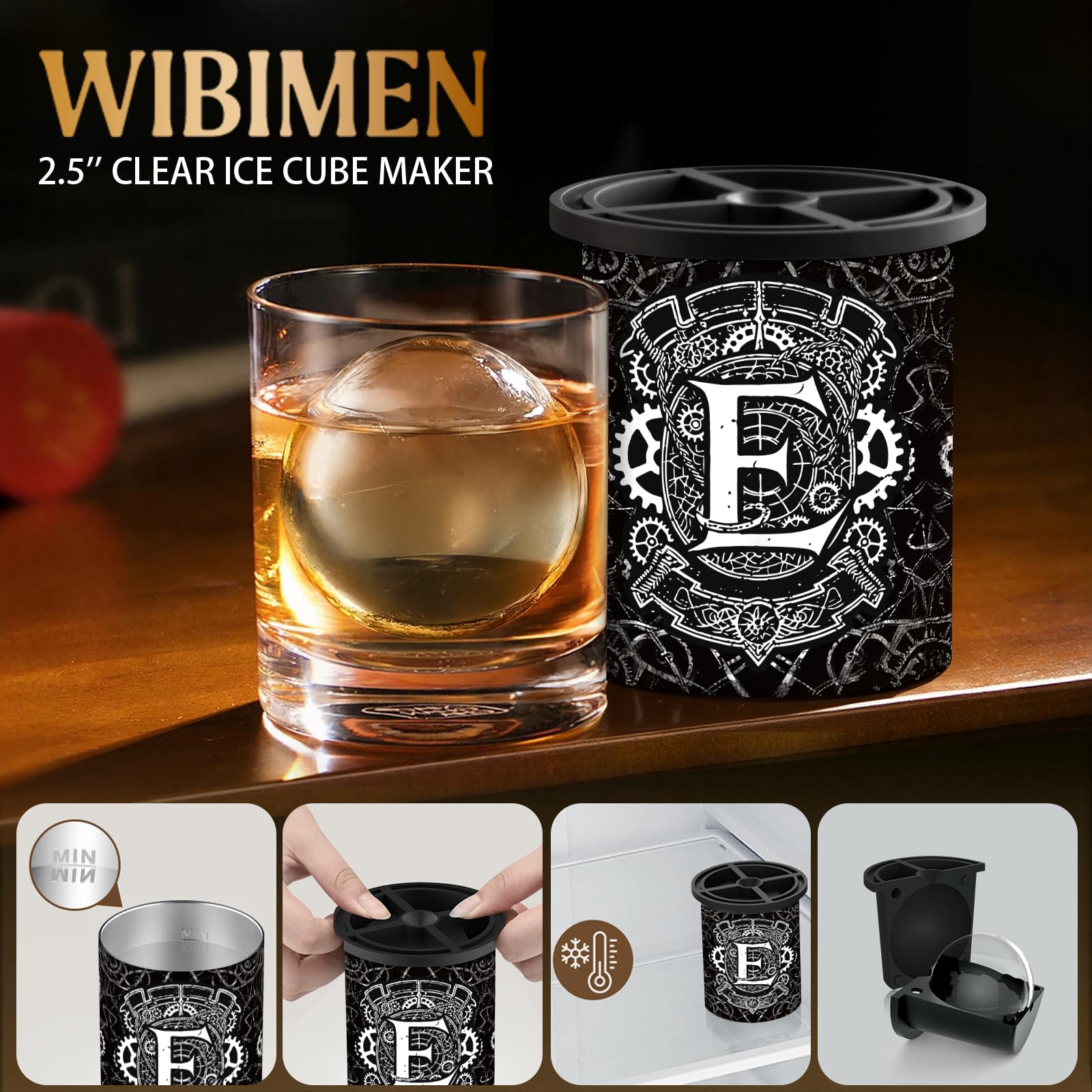 Clear Ice Cube Maker - 6.3 cm Ball - Stainless Steel Clear Ice Maker - Compact Design - for Old Fashioned Whiskey Gifts, Cocktail, Bourbon, E